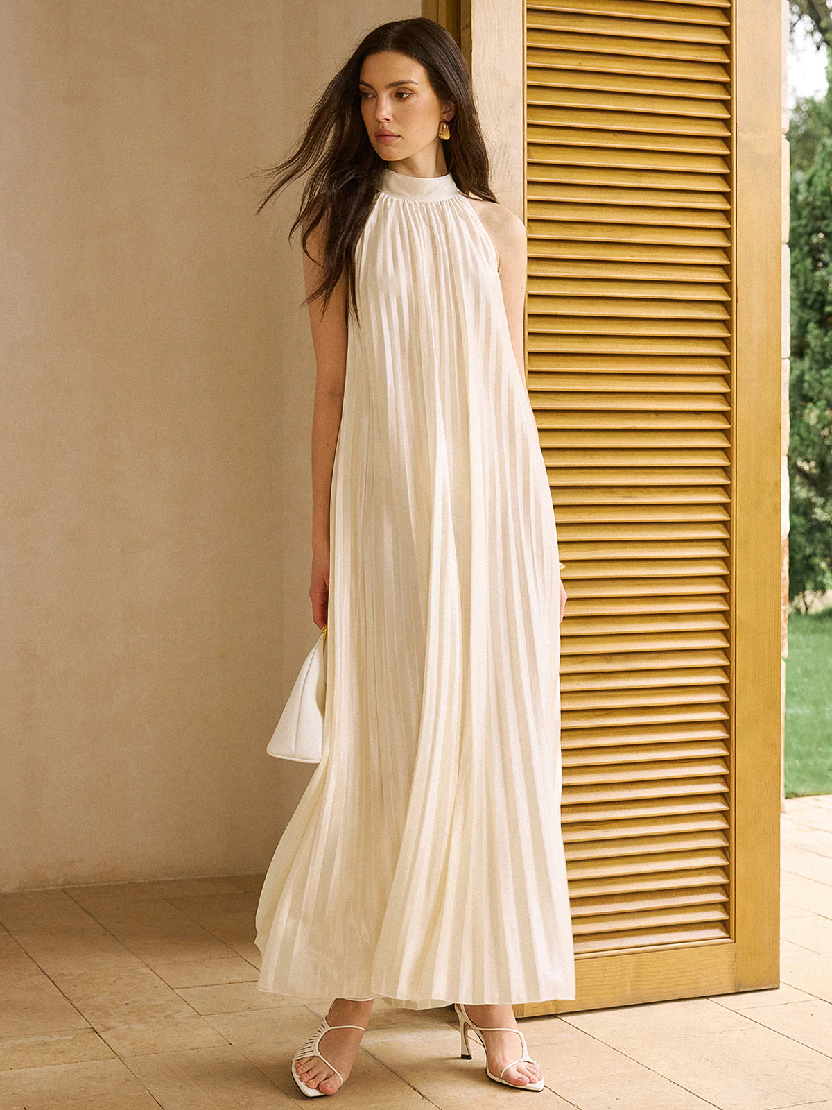 Satin High-Neck Pleated Maxi Dress - Image 2