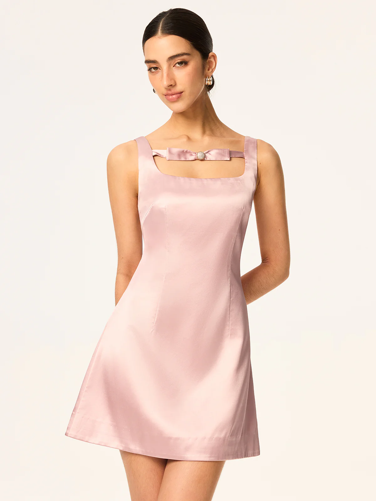 Satin Mini Dress with Bow and Rhinestone Detail - Image 3