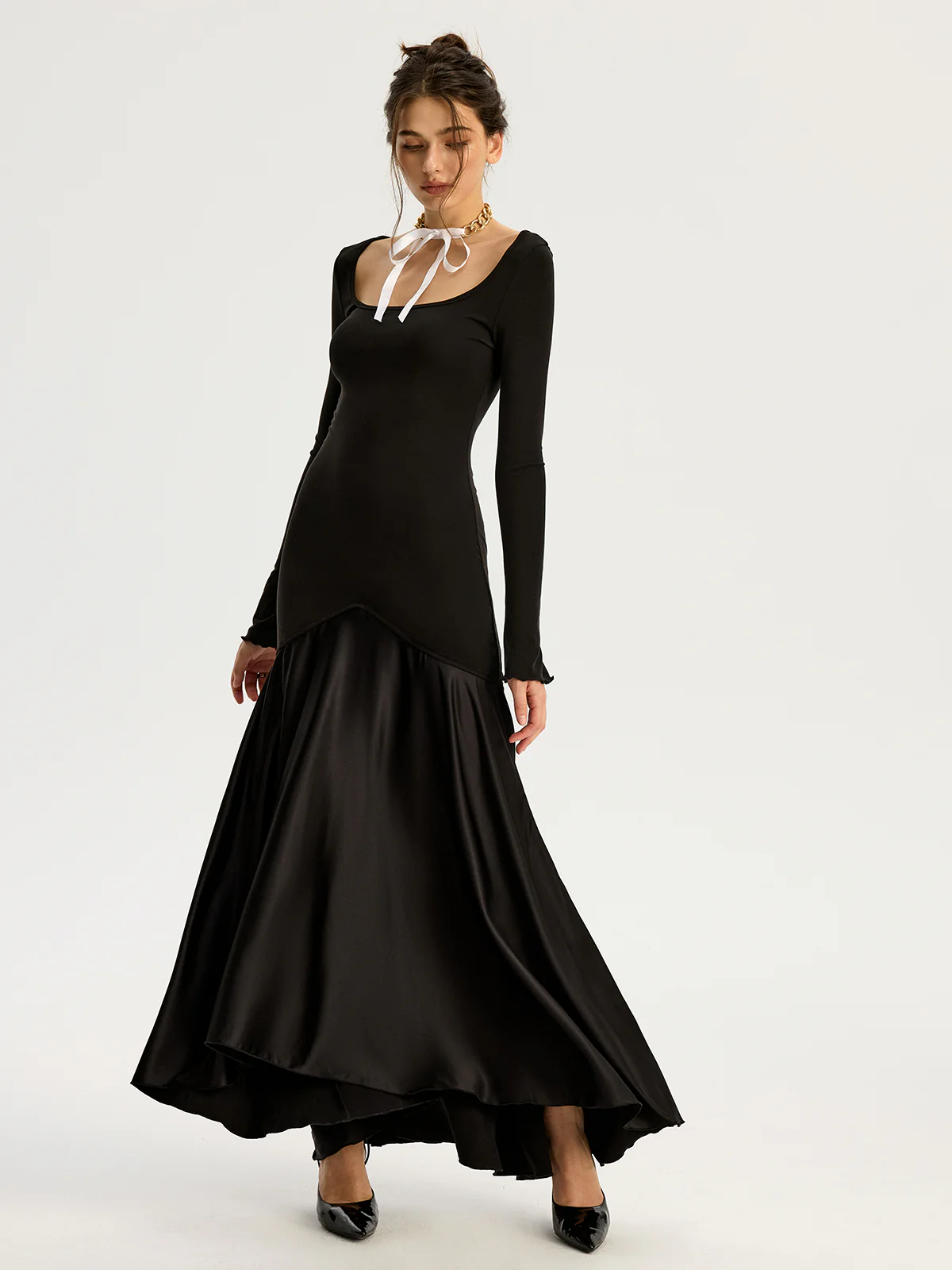 Satin Panel Jersey Sqaure Neck Long Dress - Image 3