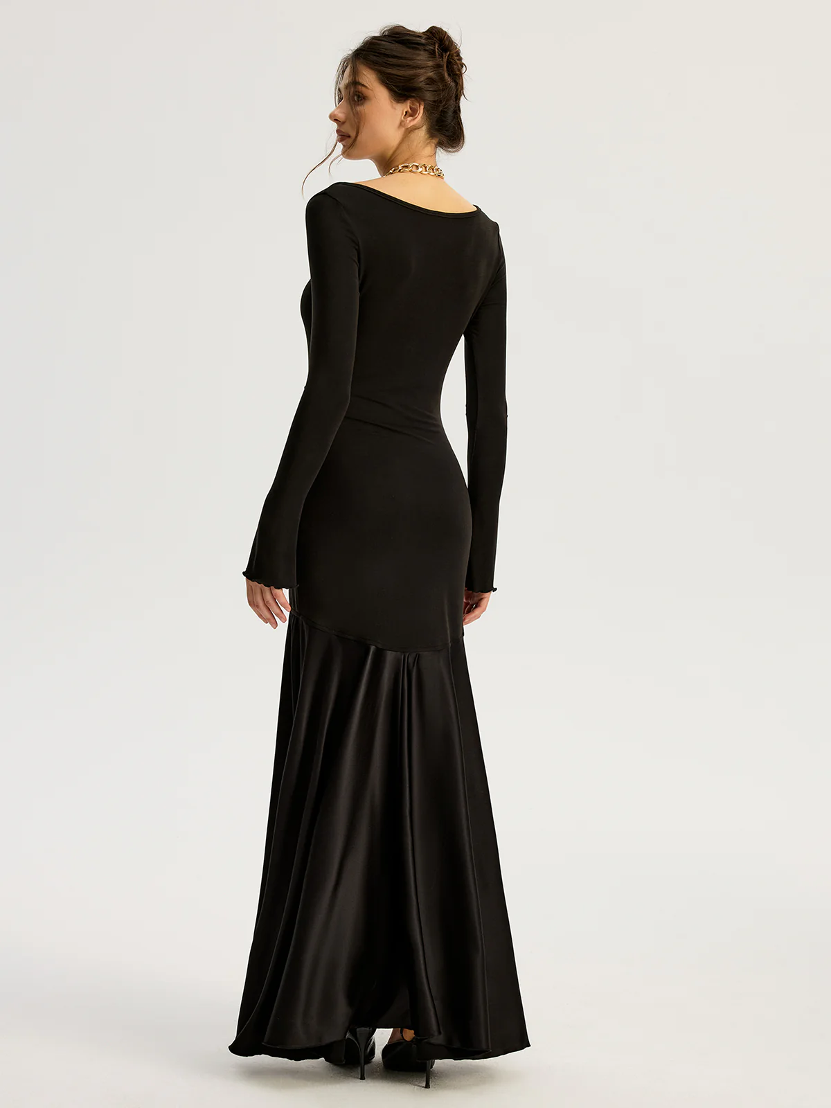 Satin Panel Jersey Sqaure Neck Long Dress - Image 5