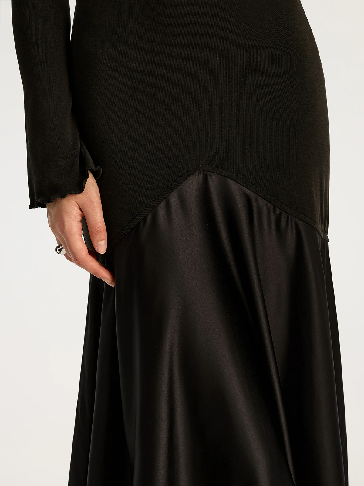 Satin Panel Jersey Sqaure Neck Long Dress - Image 6