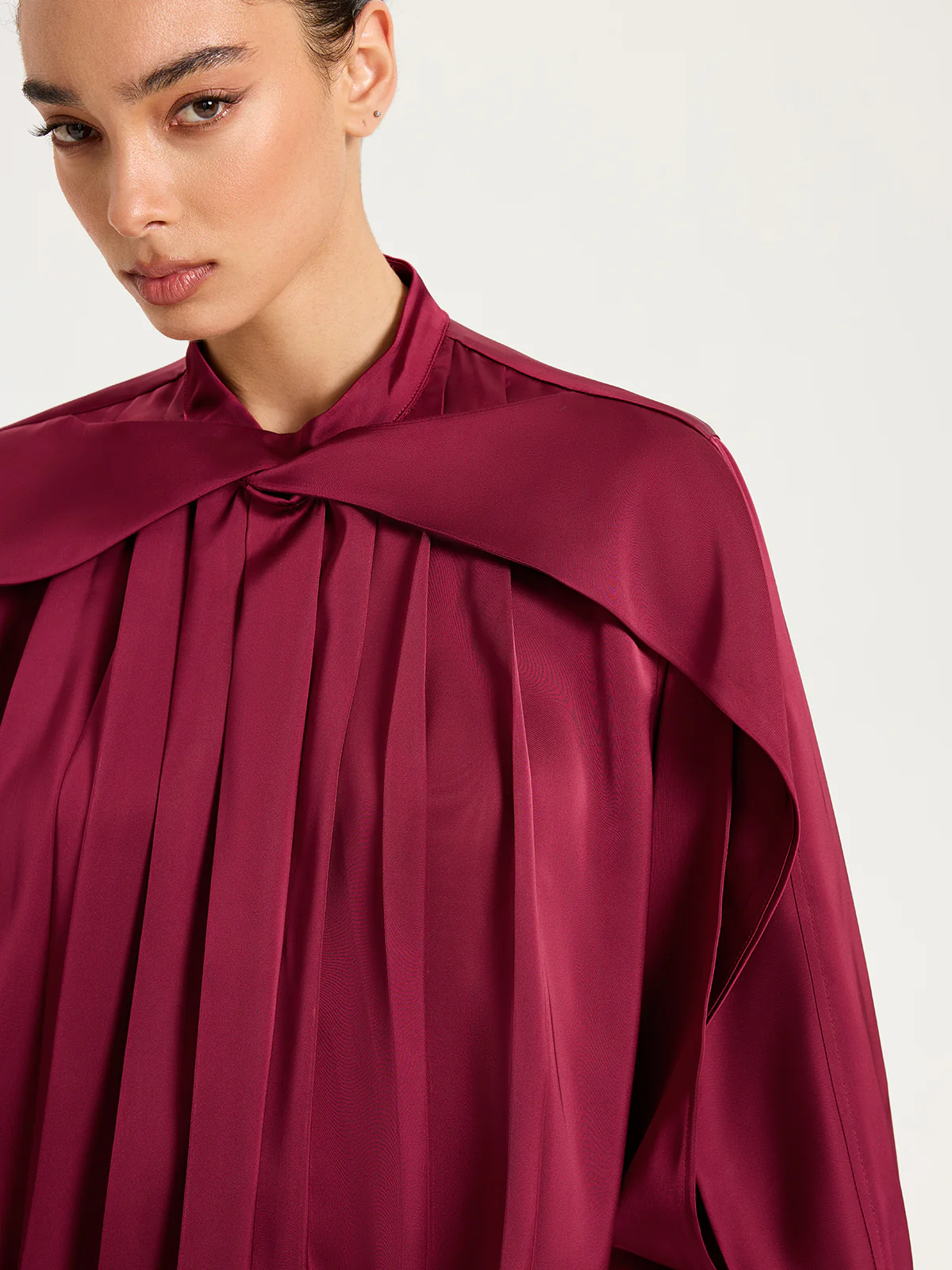 Satin Pleated Blouse with Cut-Out Sleeve - Image 4