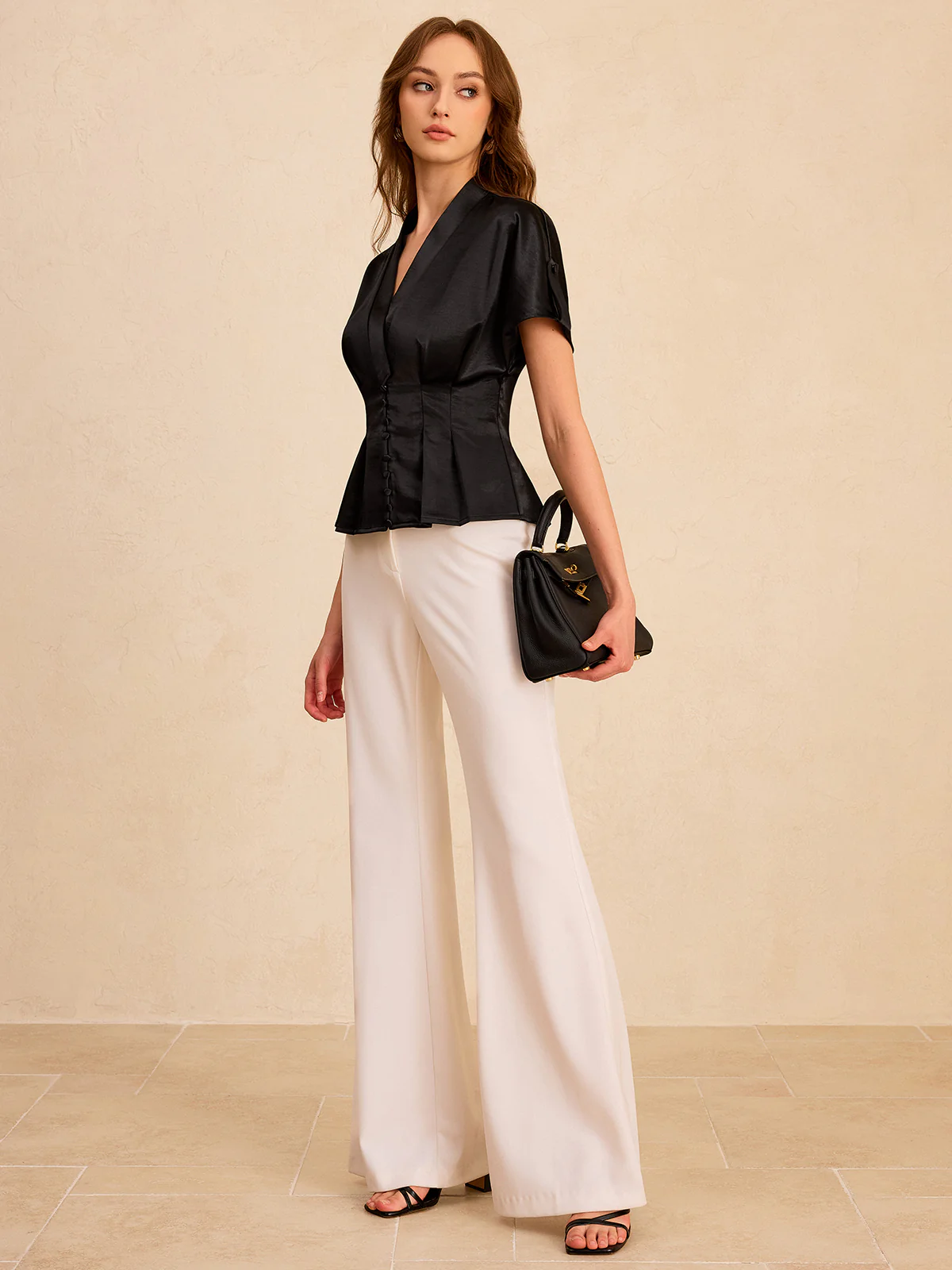 Satin Pleated Button Peplum Top - Image 2