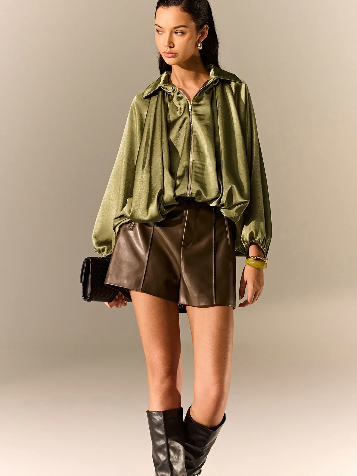 Satin Pleated Lantern-Sleeve Shirt Jacket - Image 4