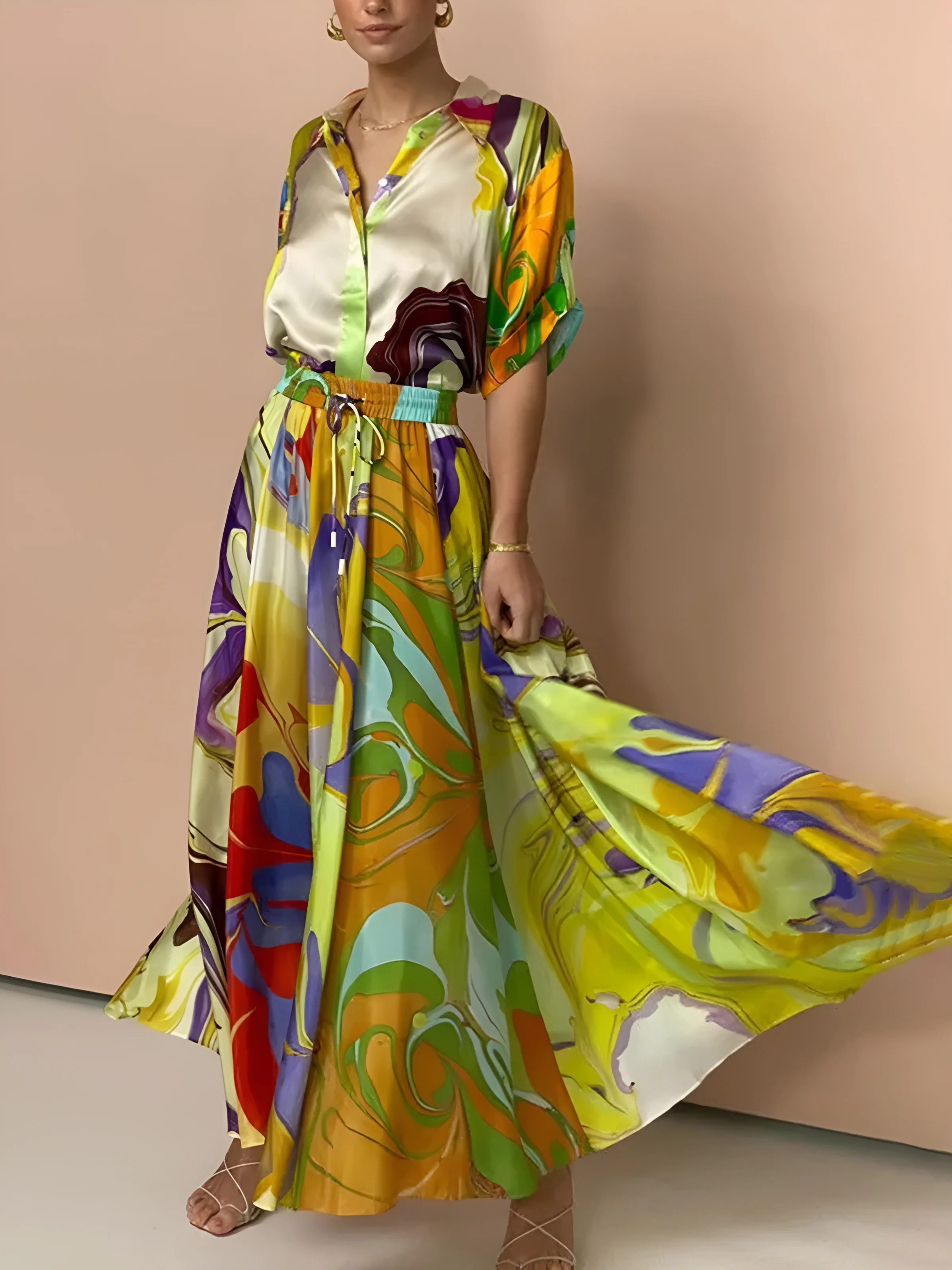 Satin Print Drawstring Skirt Set - Image 2
