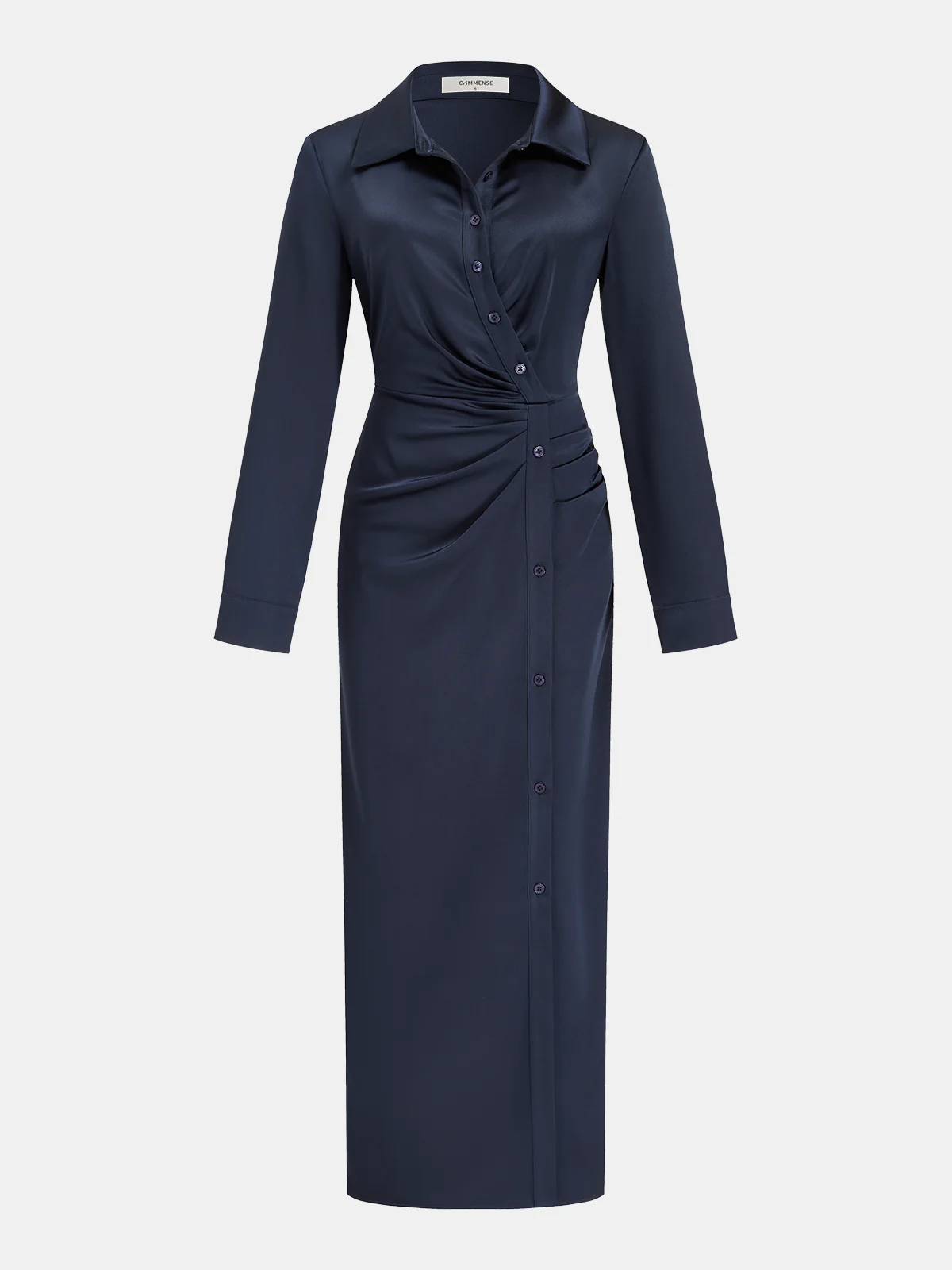 Satin Ruched Side Cinched-Waist Shirt Midi Dress