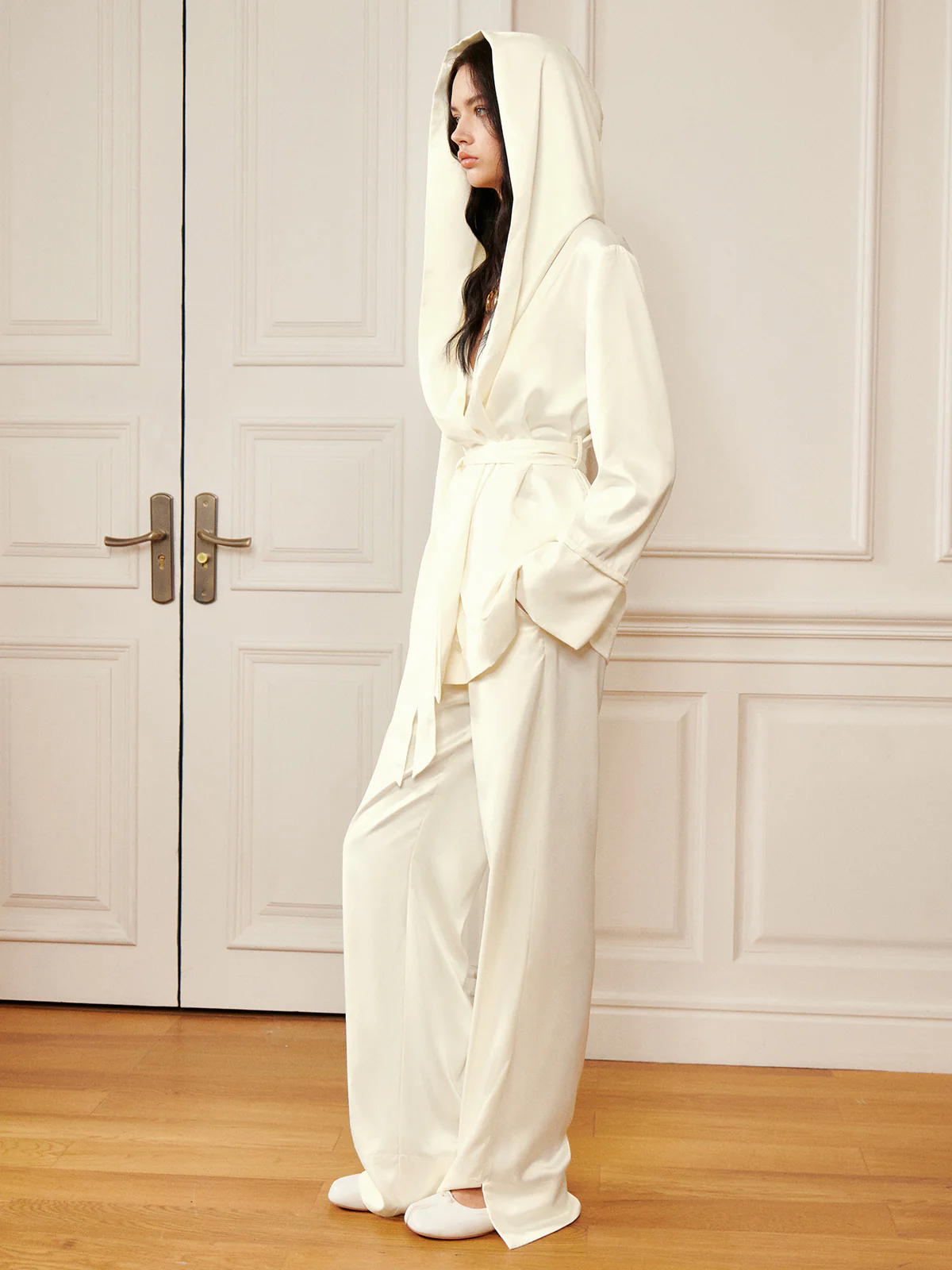 Satin Solid Hood Belted Shirt - Image 2
