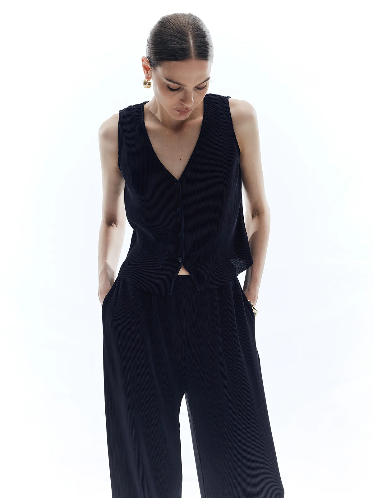 Satin Solid V-Neck Pants Set - Image 3