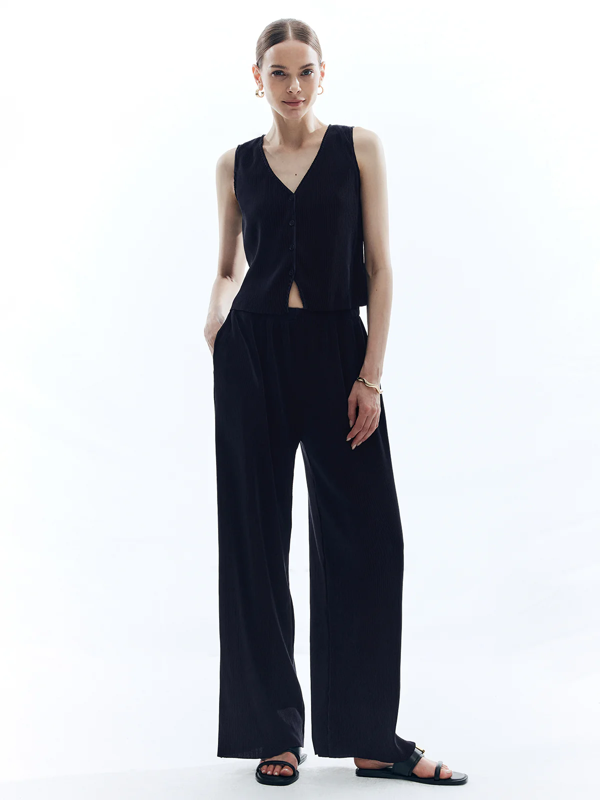 Satin Solid V-Neck Pants Set - Image 7