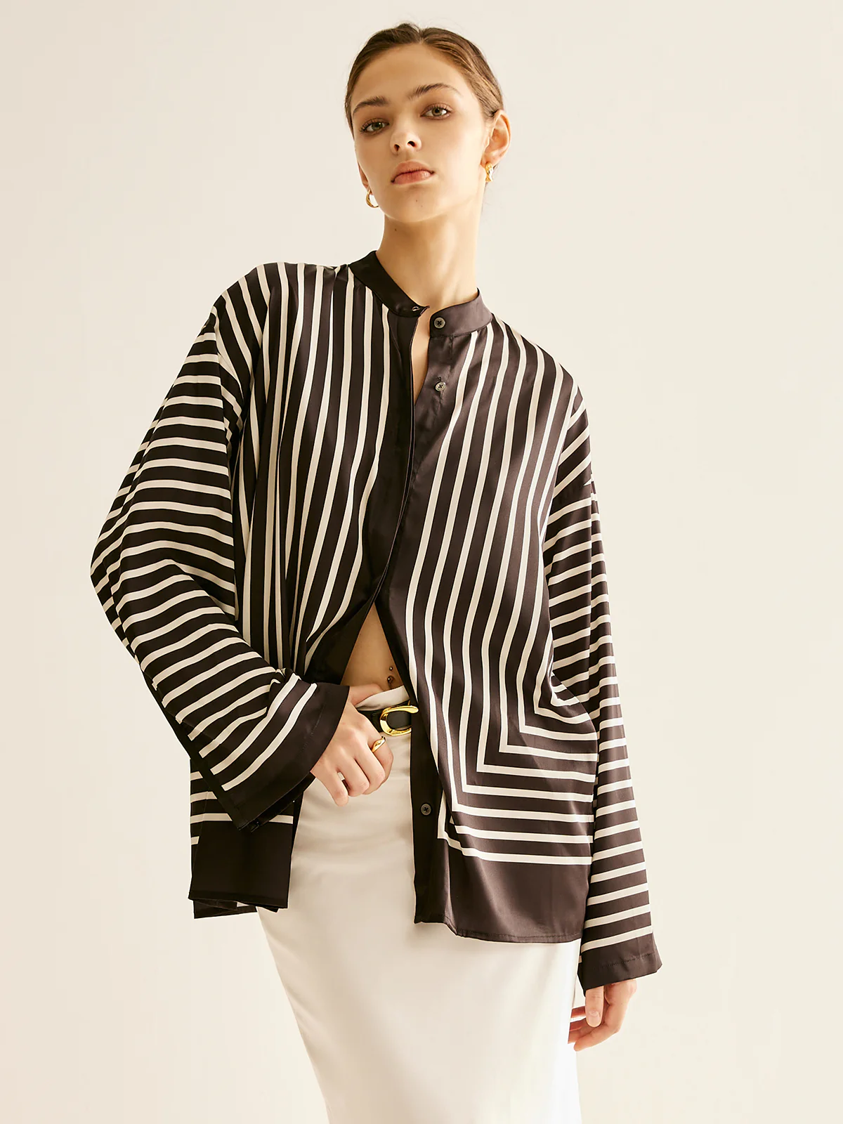 Satin Striped Button Cozy Blouse - Image 9