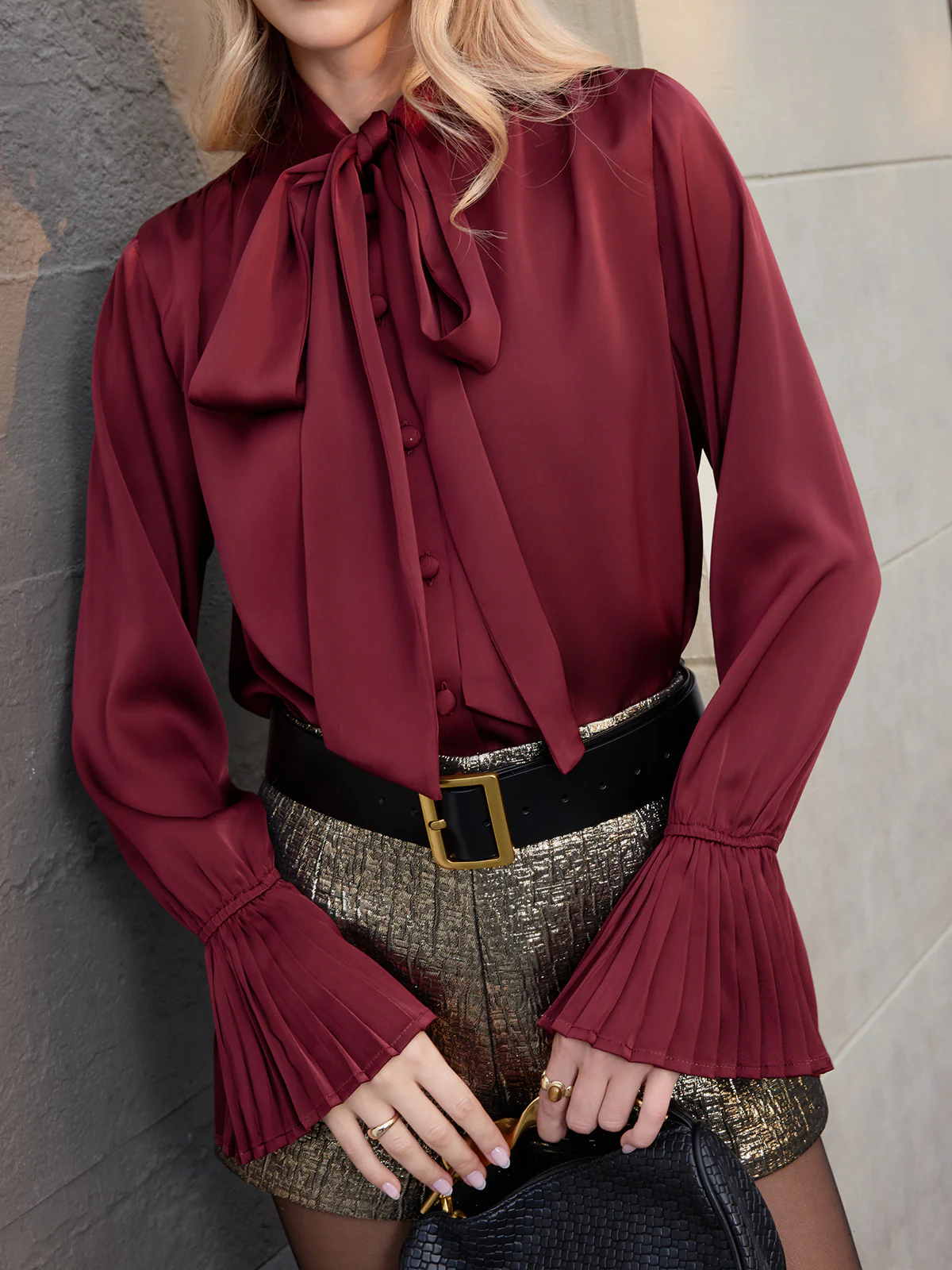 Satin Tie-Neck Bell-Cuff Blouse - Image 2