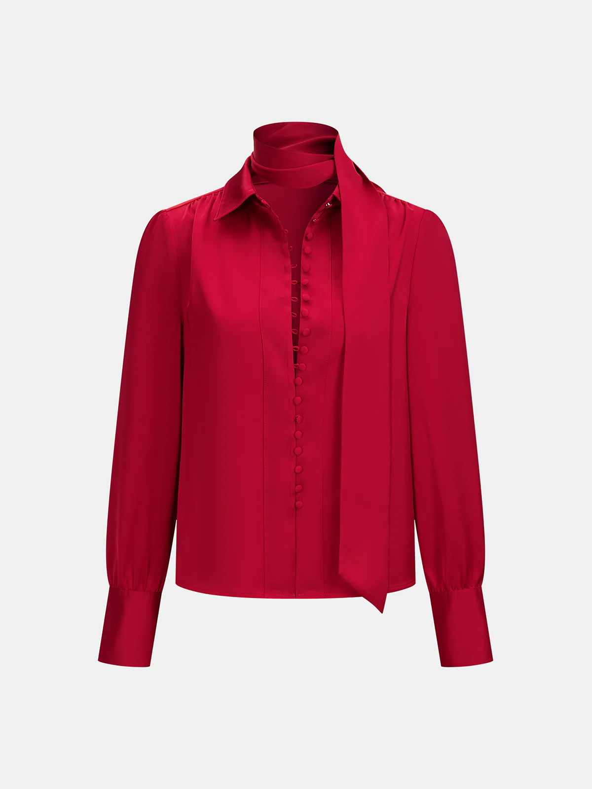 Satin Tie Neck Button Front Long Sleeve Blouse - Image 2