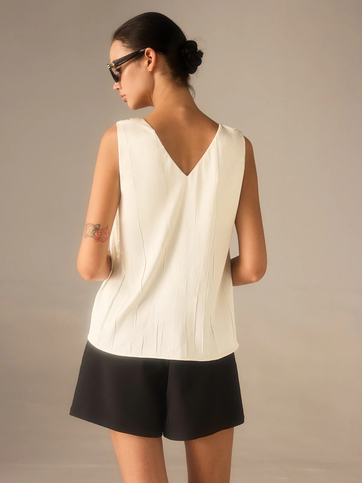 Satin Twist-Strap V-Neck Top with Metal Detail - Image 6