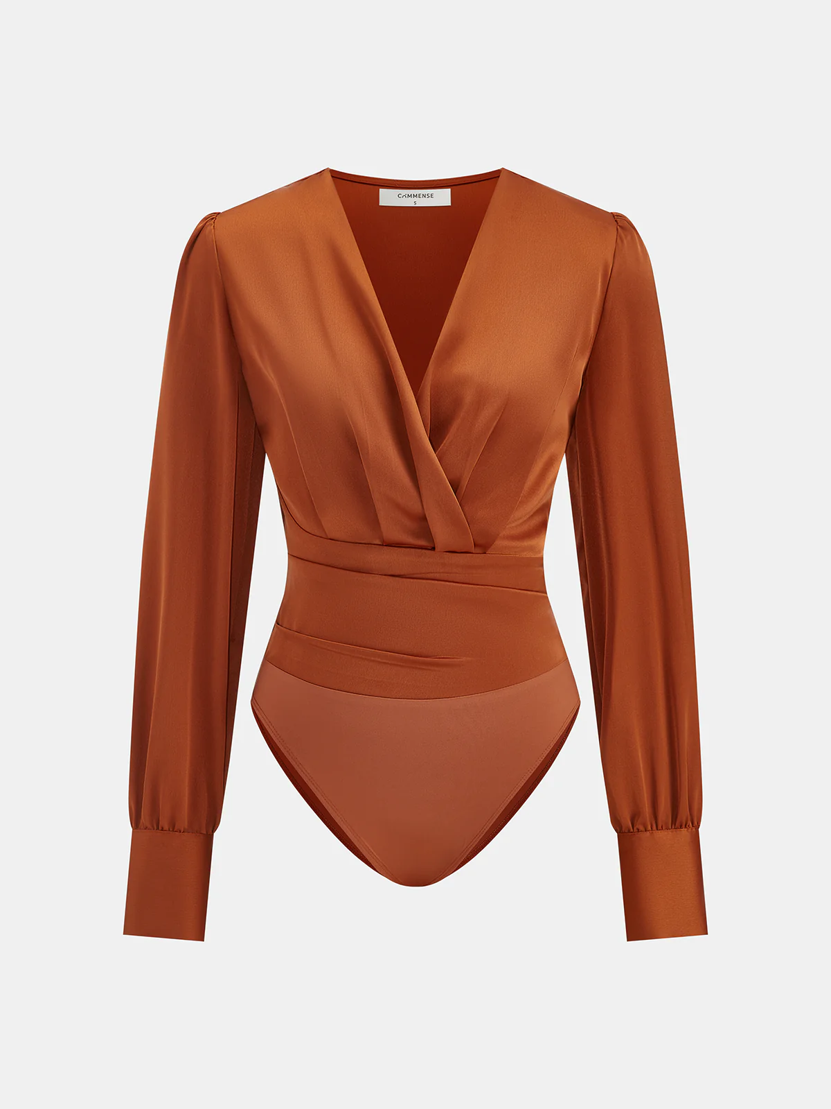 Satin V-Neck Long-Sleeve Ruched Bodysuit
