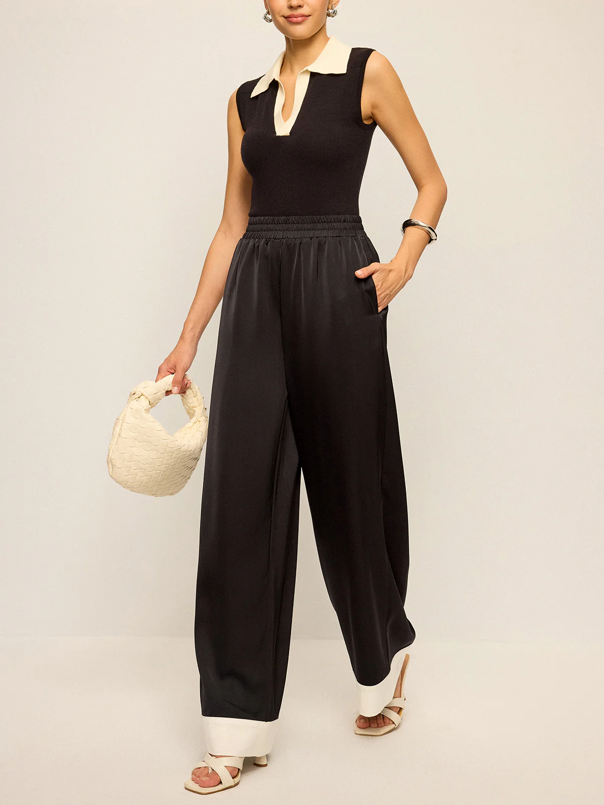 Satin Wide-Leg Pants with Contrast Cuffs - Image 2