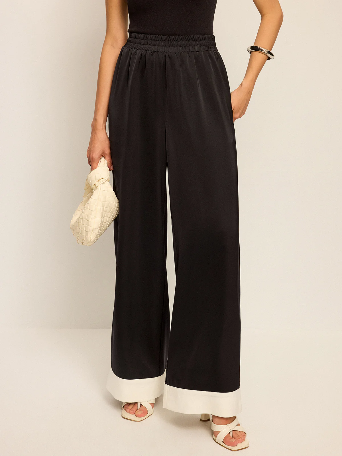 Satin Wide-Leg Pants with Contrast Cuffs - Image 3