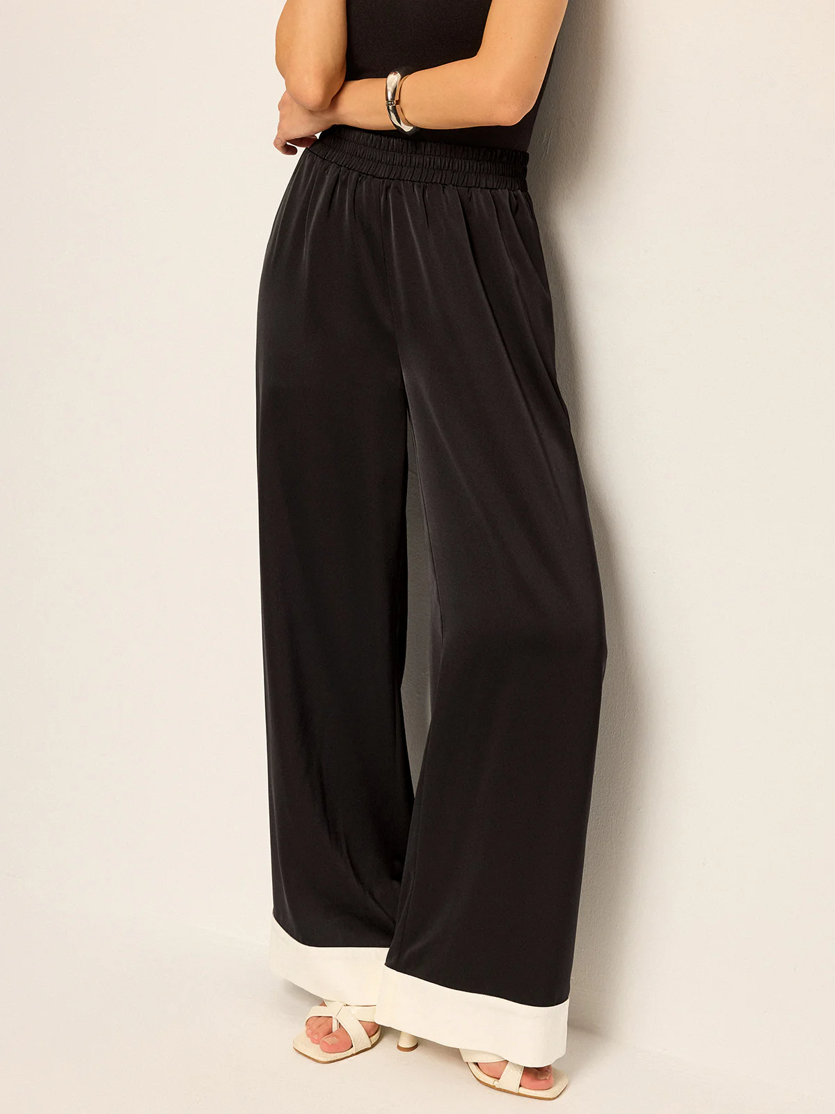 Satin Wide-Leg Pants with Contrast Cuffs - Image 4