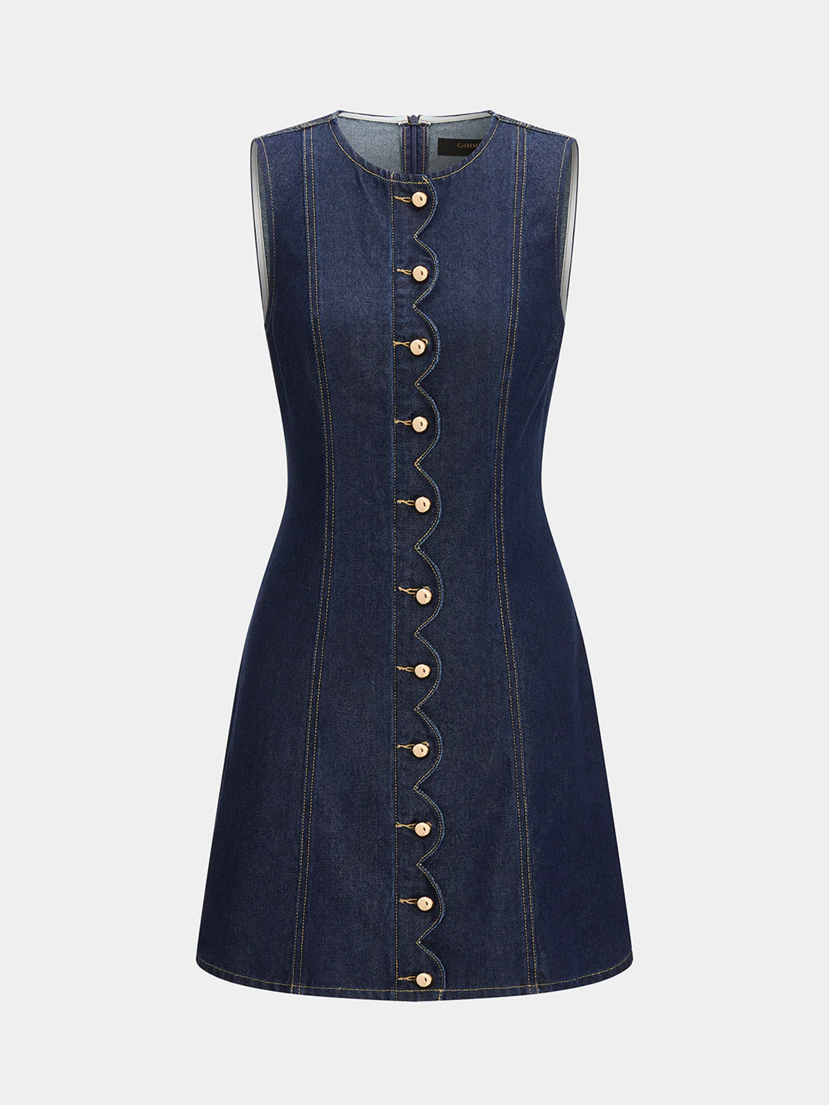 Scallop Button Front Sleeveless Denim Mini Dress