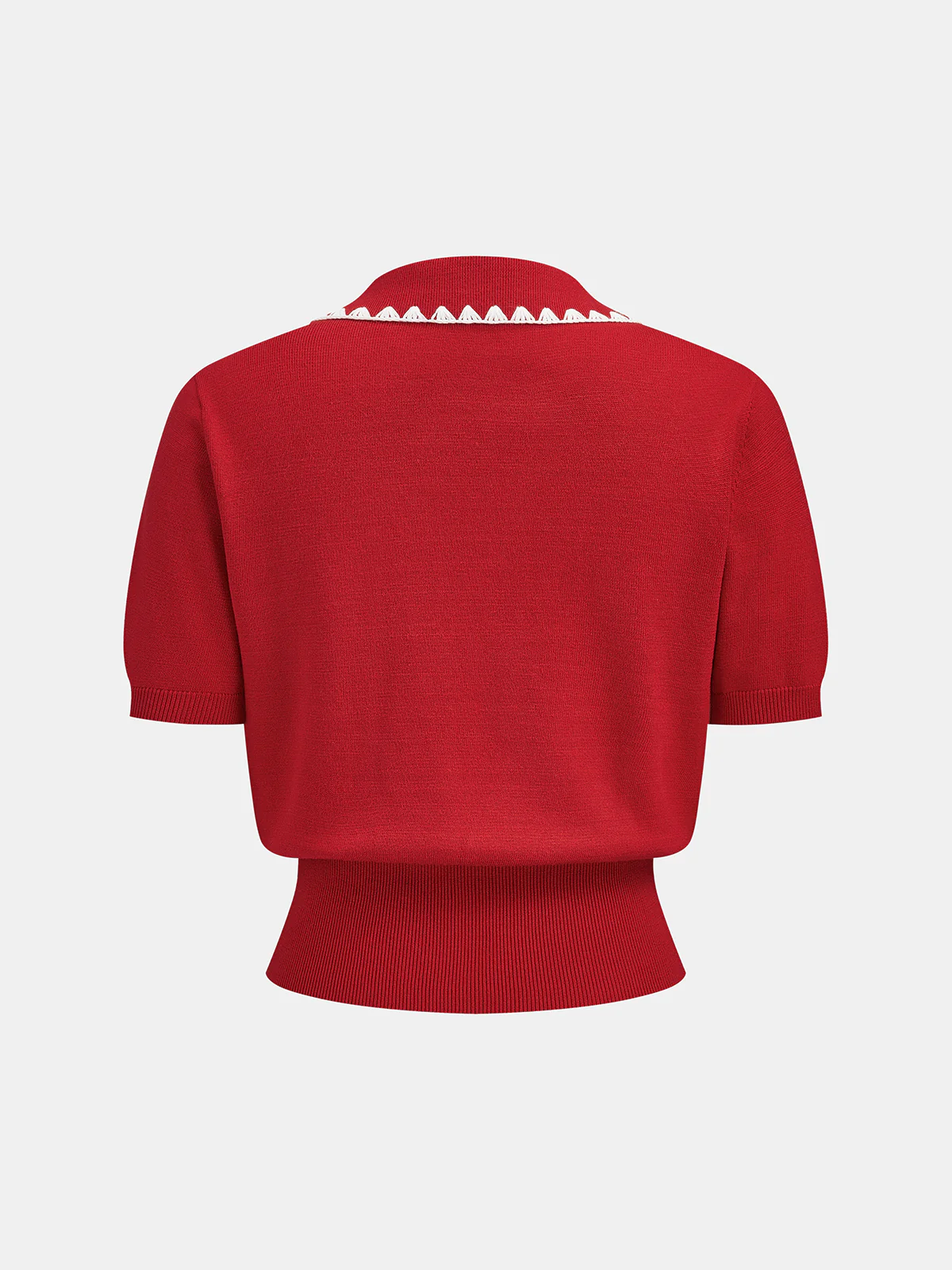 Scallop Trim Collared Short Sleeve Knit Top - Image 2