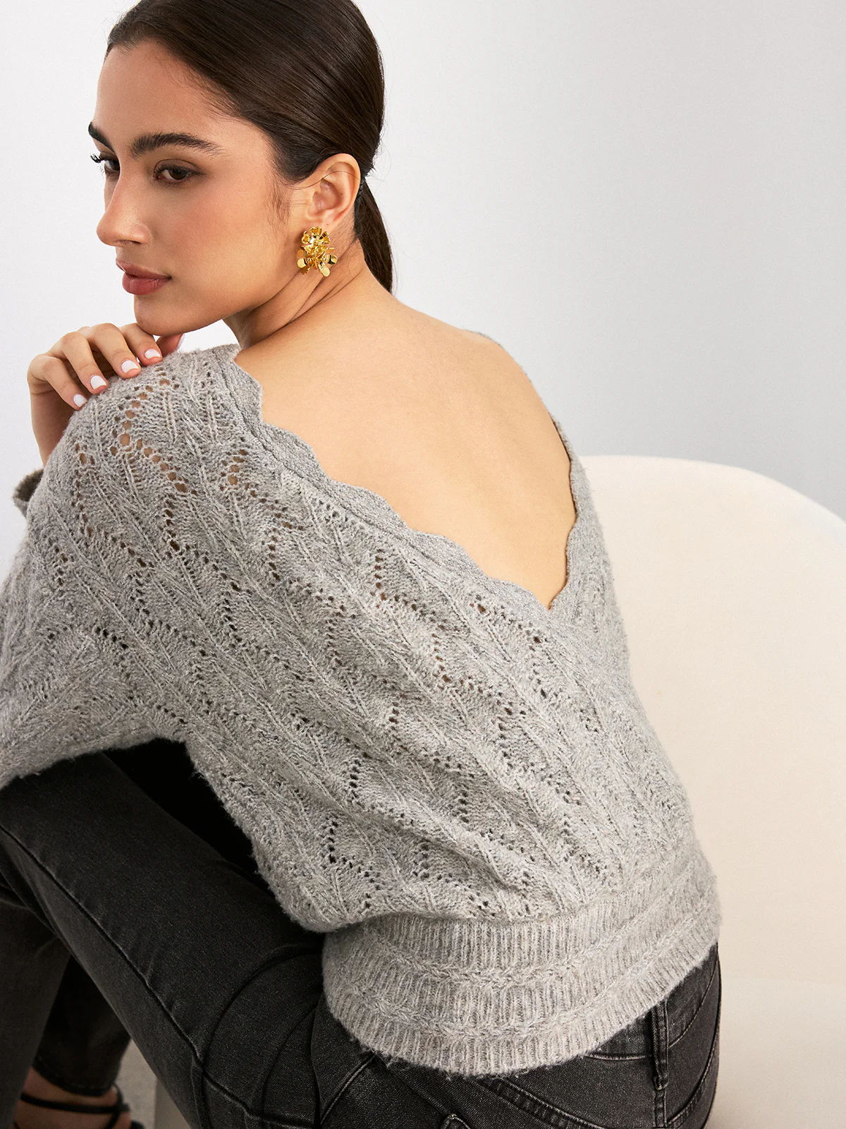 Scalloped Edge Reversible Wool Blend Sweater - Image 6