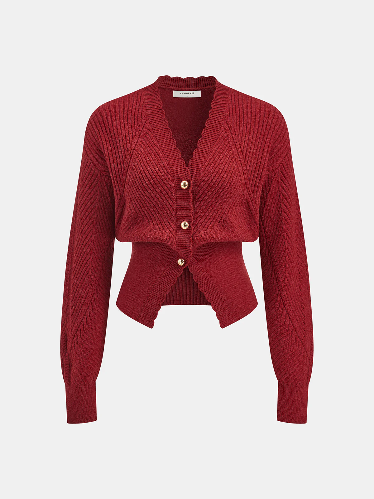 Scalloped Edge Ribbed V-Neck Buttoned Cardigan - Image 3