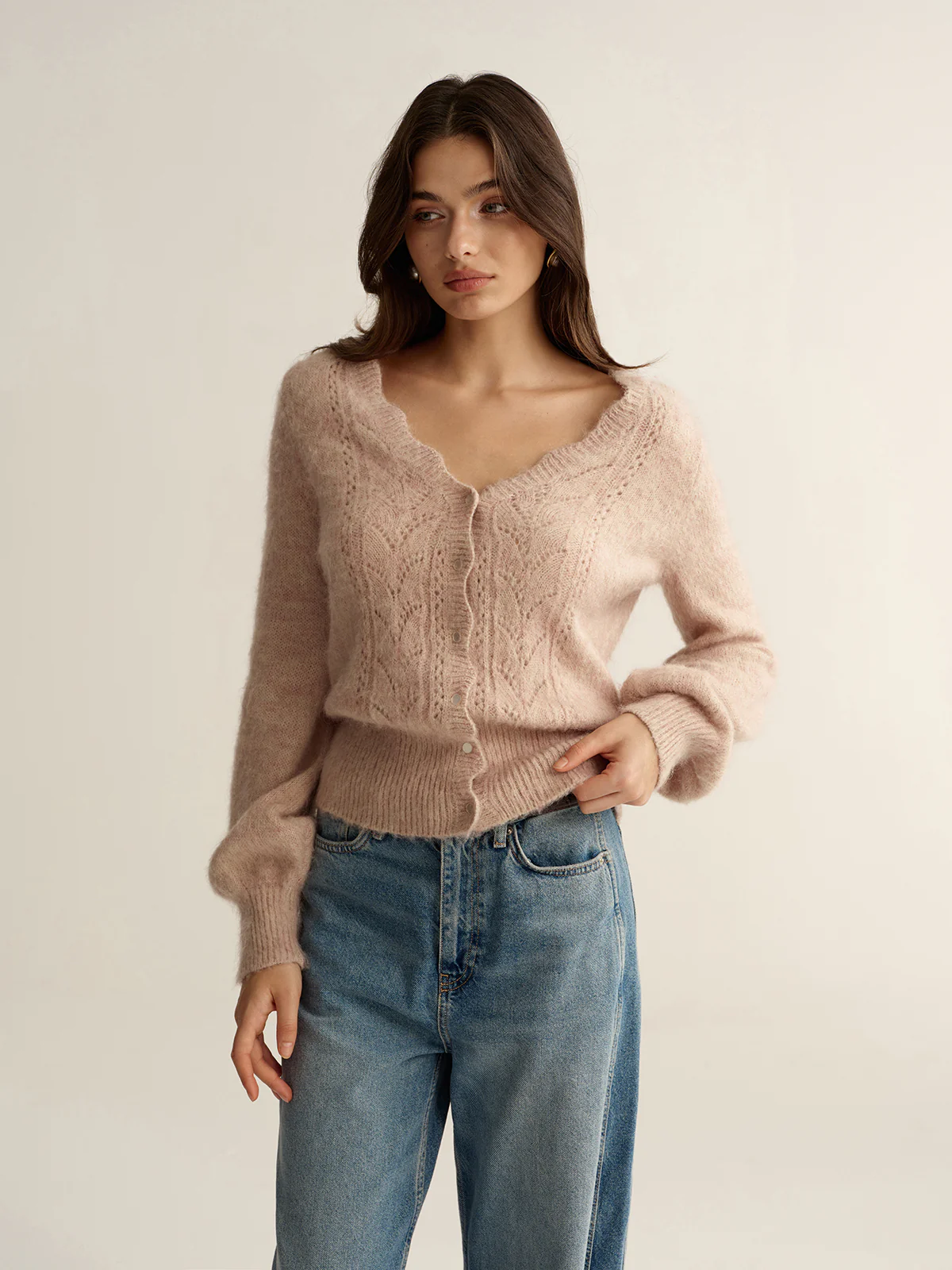 Scalloped Edge Wool-Blend Knit Cardigan - Image 2