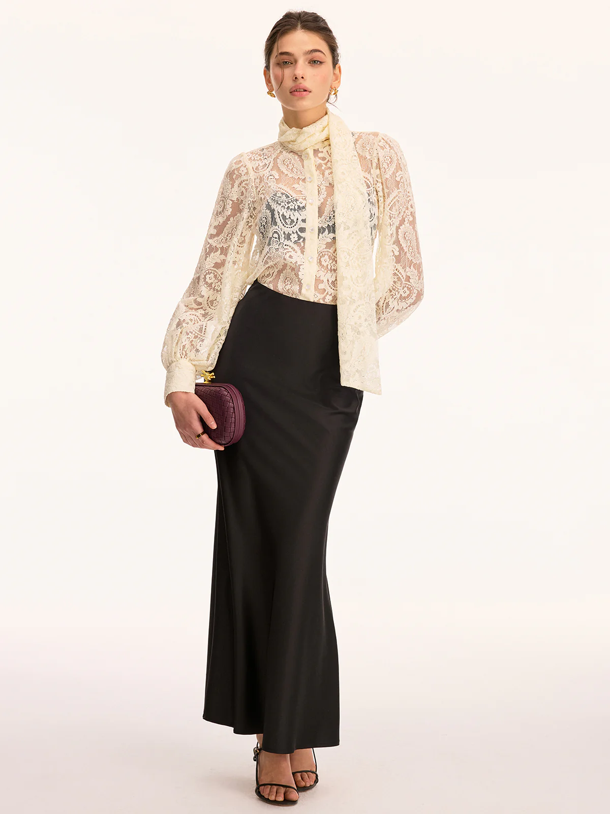 Scarf Detai Sheer Lace Long Sleeve Blouse