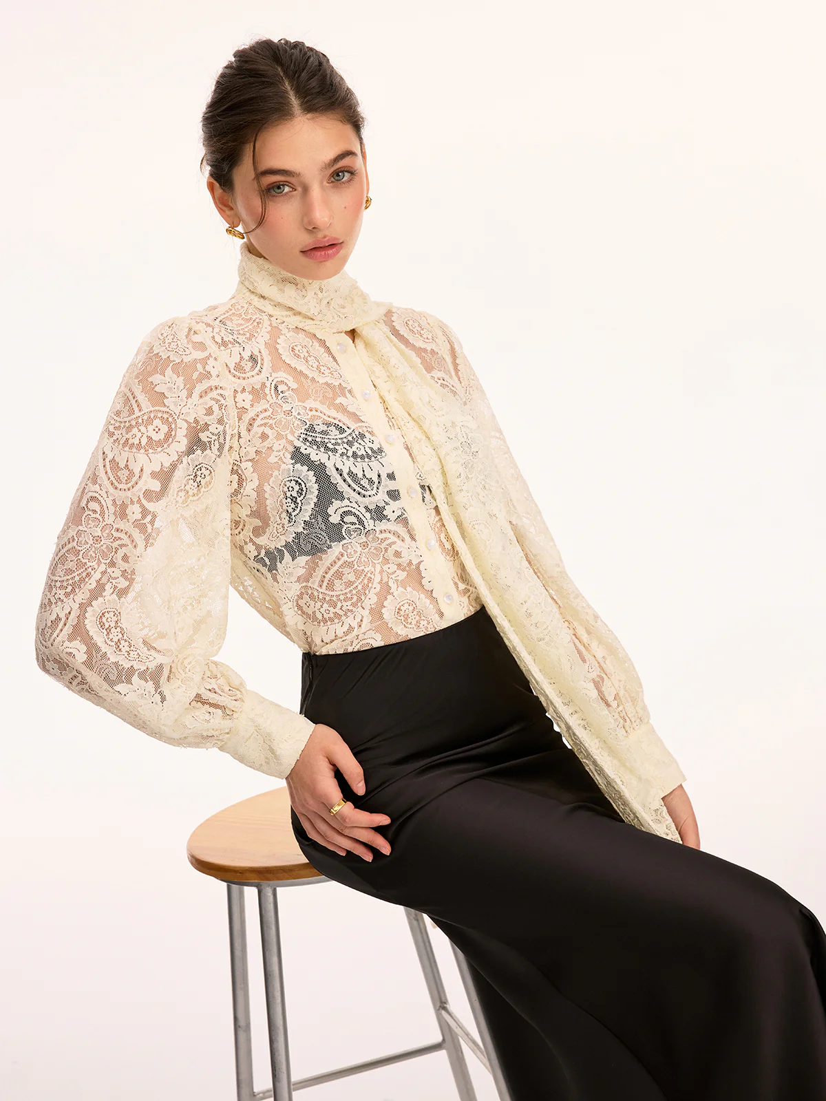 Scarf Detai Sheer Lace Long Sleeve Blouse - Image 2