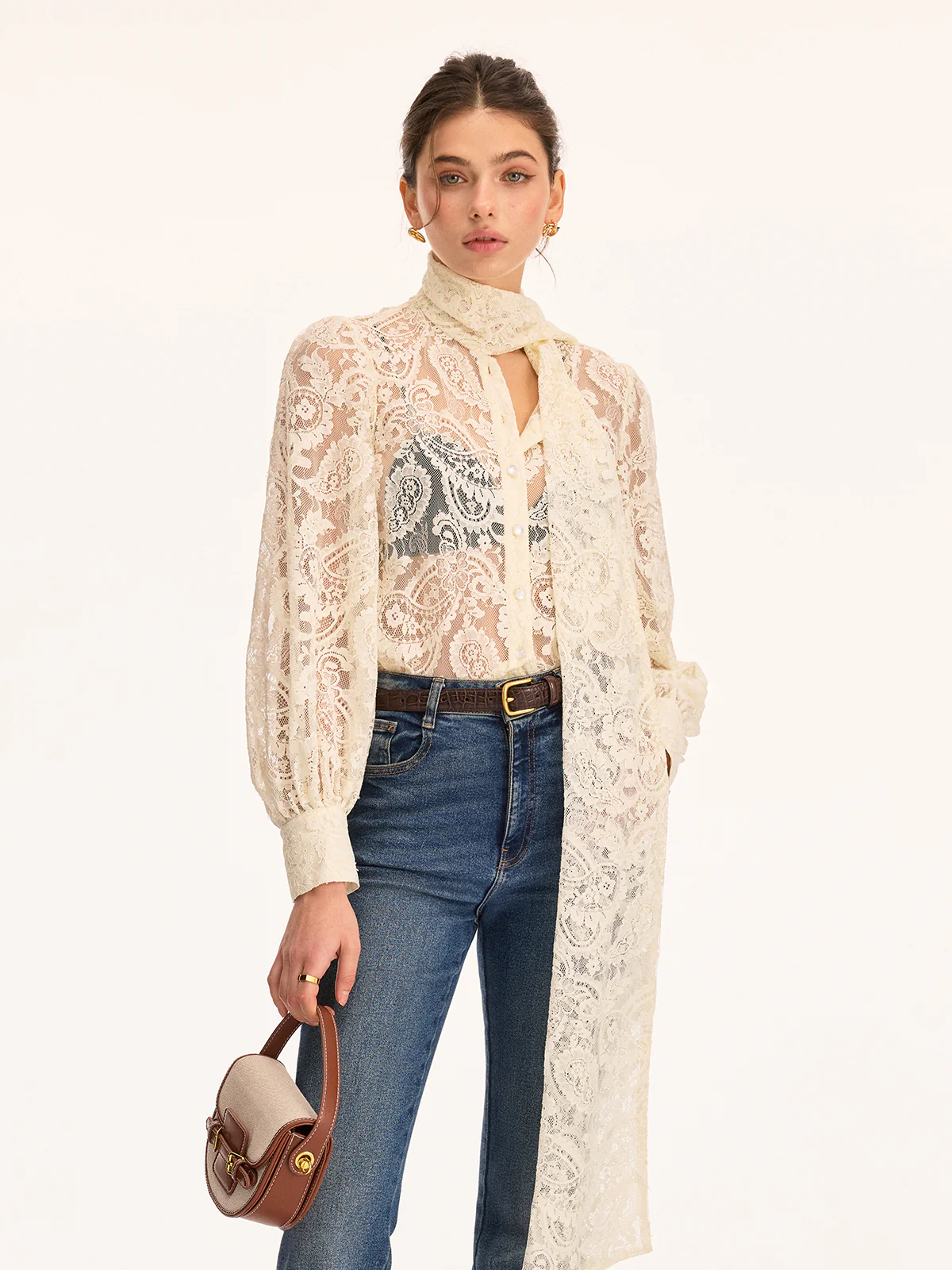 Scarf Detai Sheer Lace Long Sleeve Blouse - Image 4