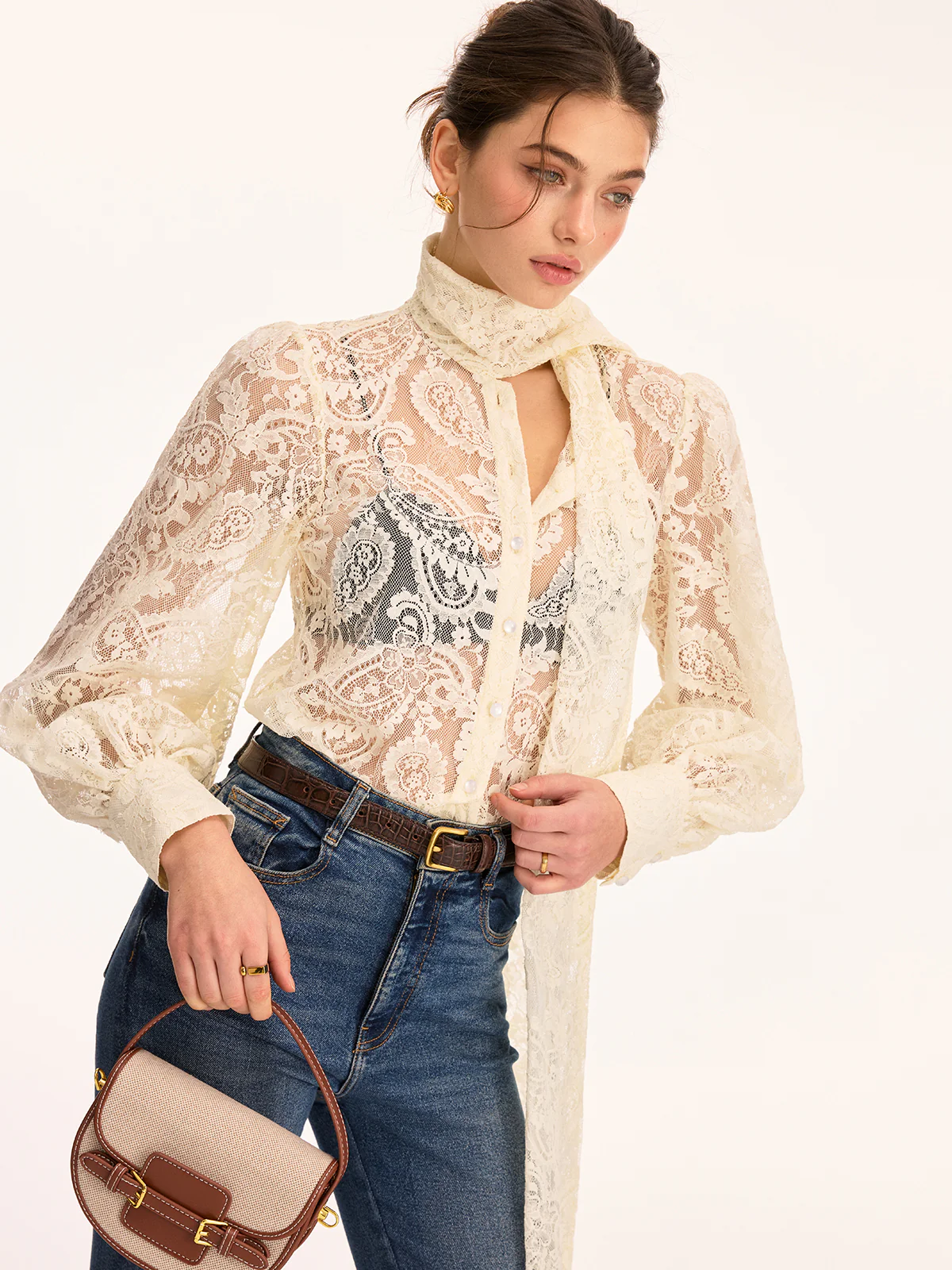 Scarf Detai Sheer Lace Long Sleeve Blouse - Image 5