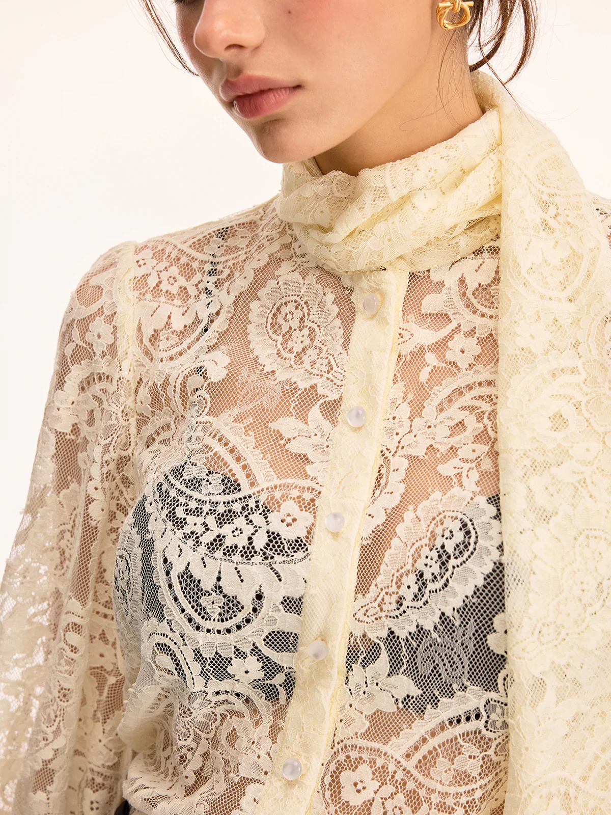 Scarf Detai Sheer Lace Long Sleeve Blouse - Image 6