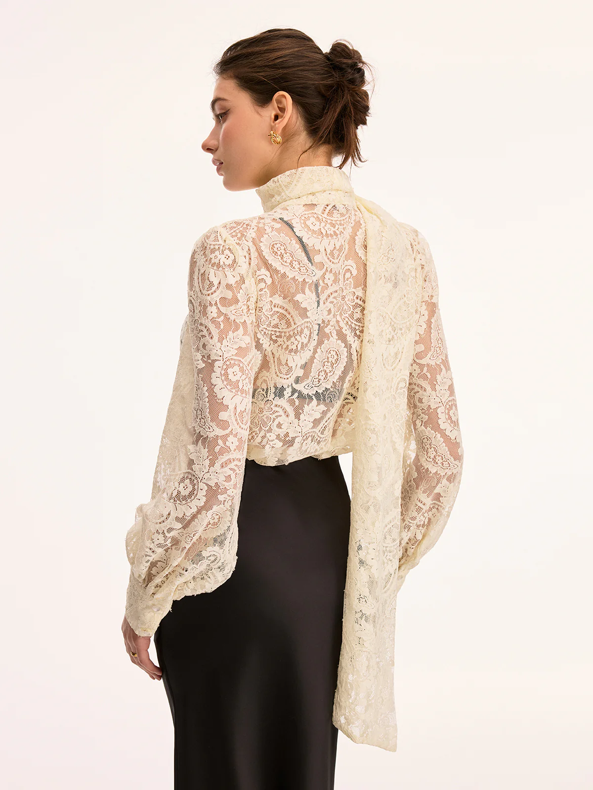 Scarf Detai Sheer Lace Long Sleeve Blouse - Image 7