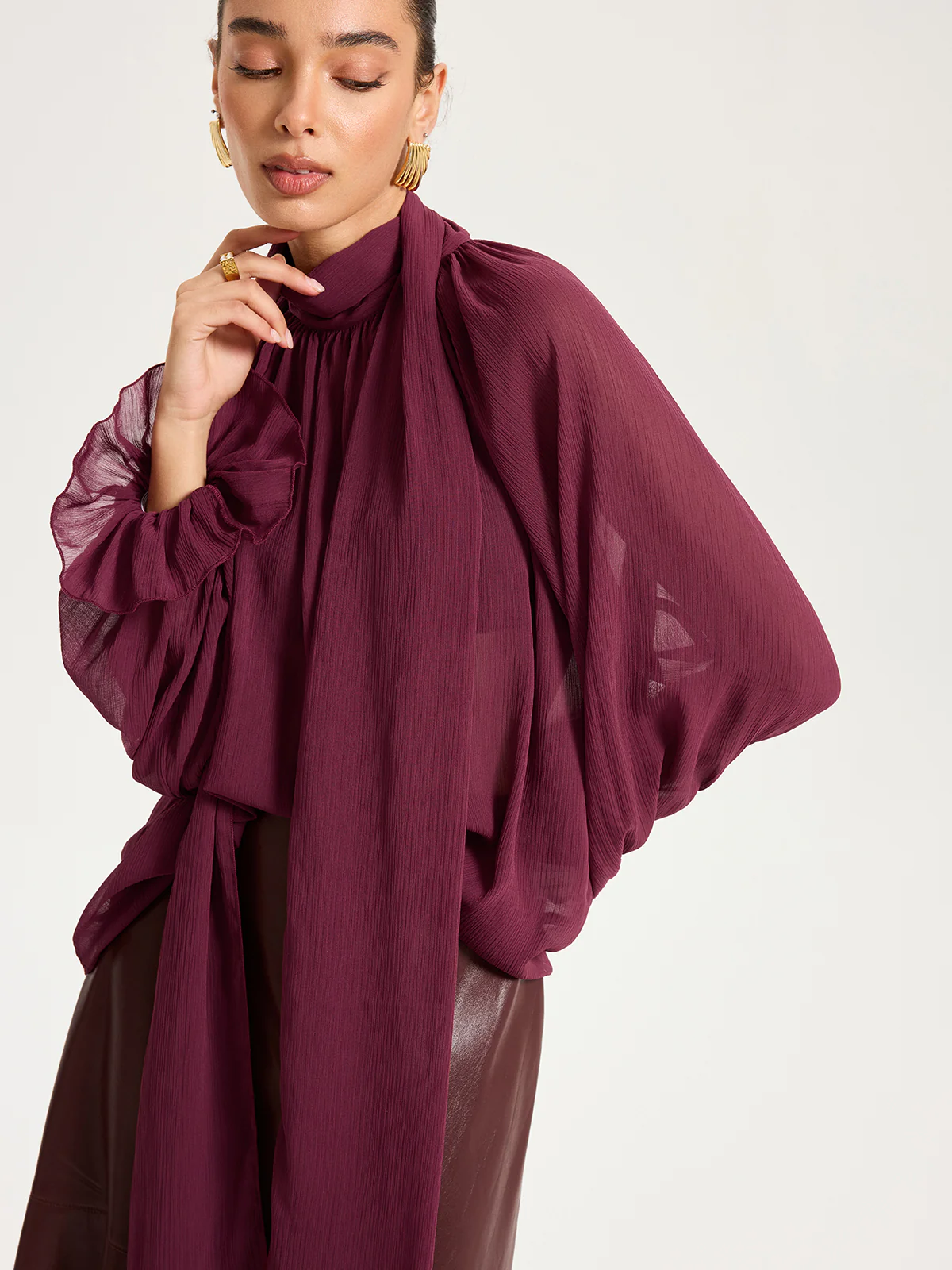 Scarf Neck Semi-Sheer Chiffon Blouse - Image 3