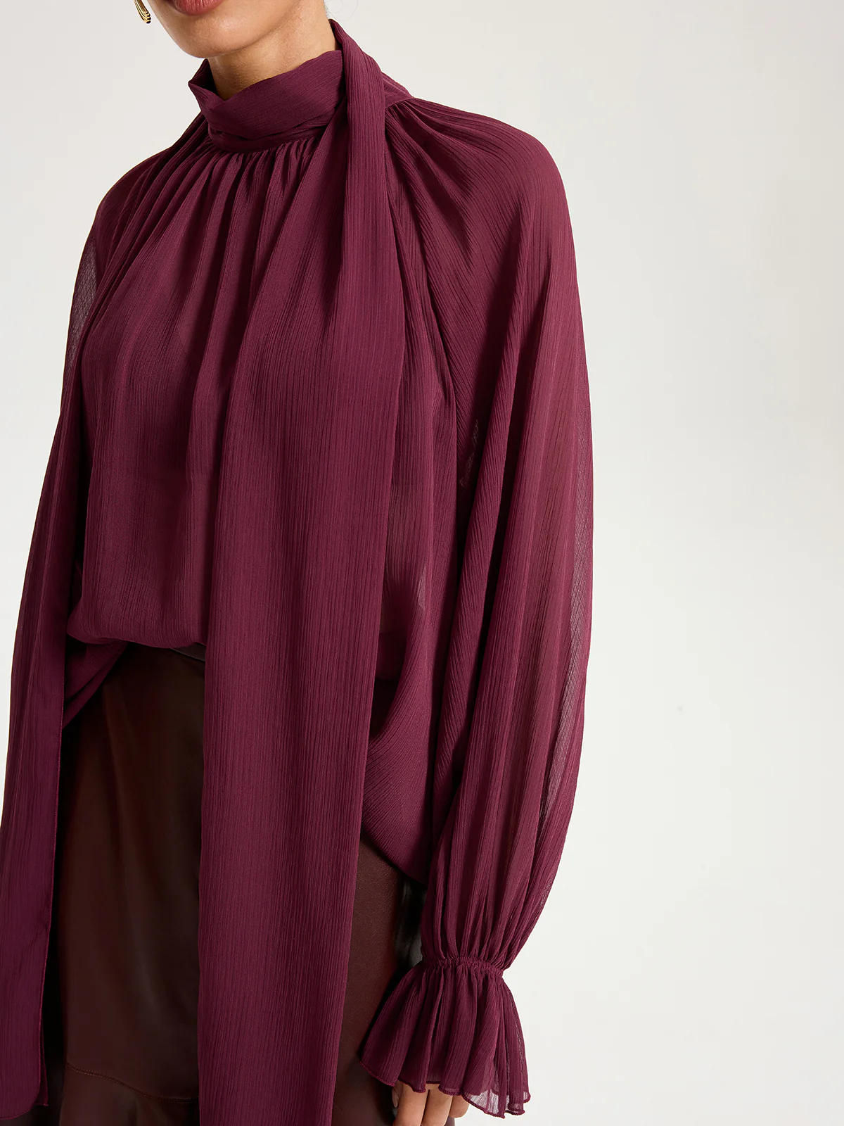 Scarf Neck Semi-Sheer Chiffon Blouse - Image 5