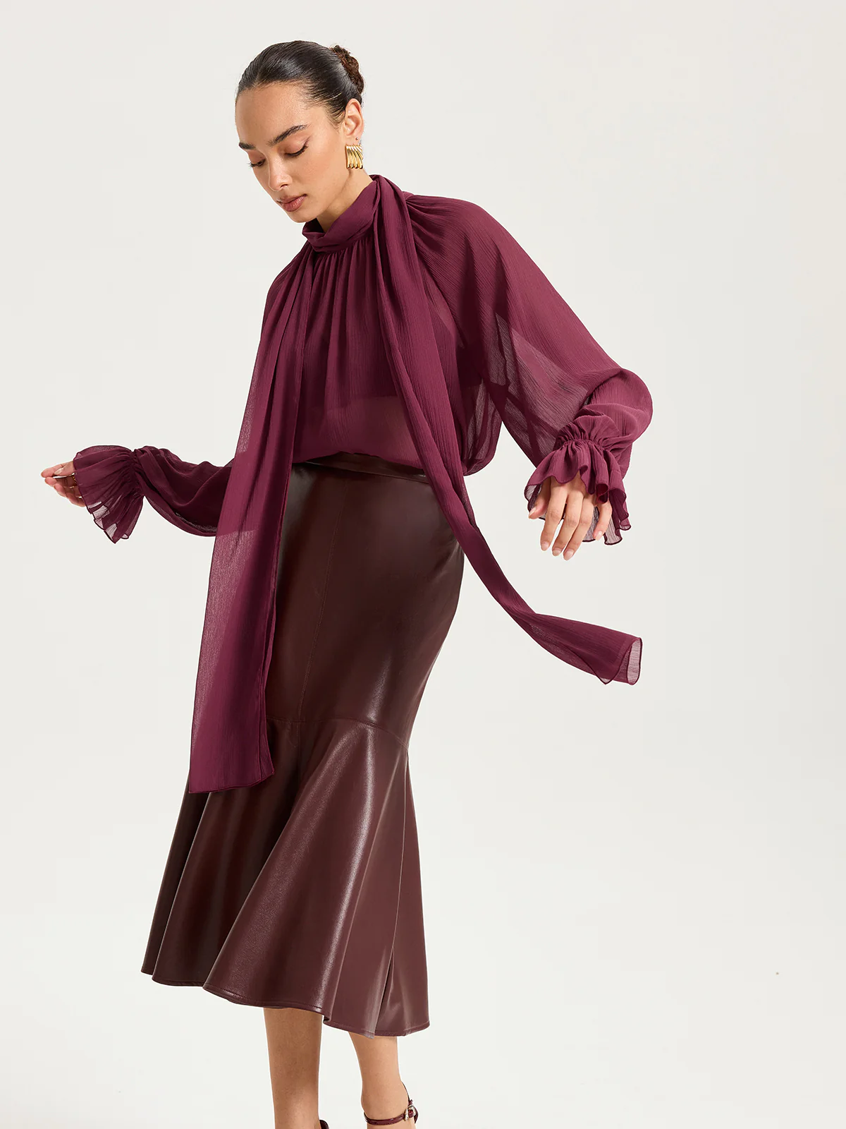 Scarf Neck Semi-Sheer Chiffon Blouse - Image 6