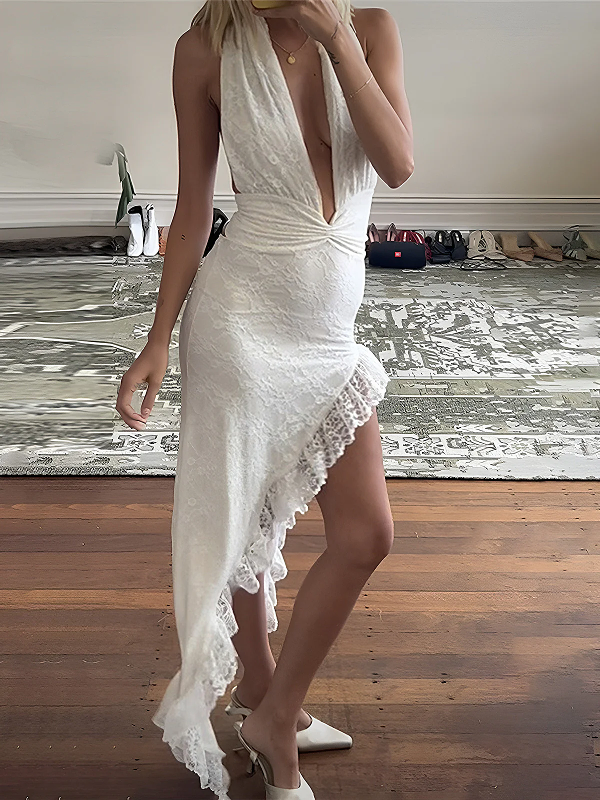 Semi-Sheer Asymmetrical Ruffle Hem Lace Dress - Image 4