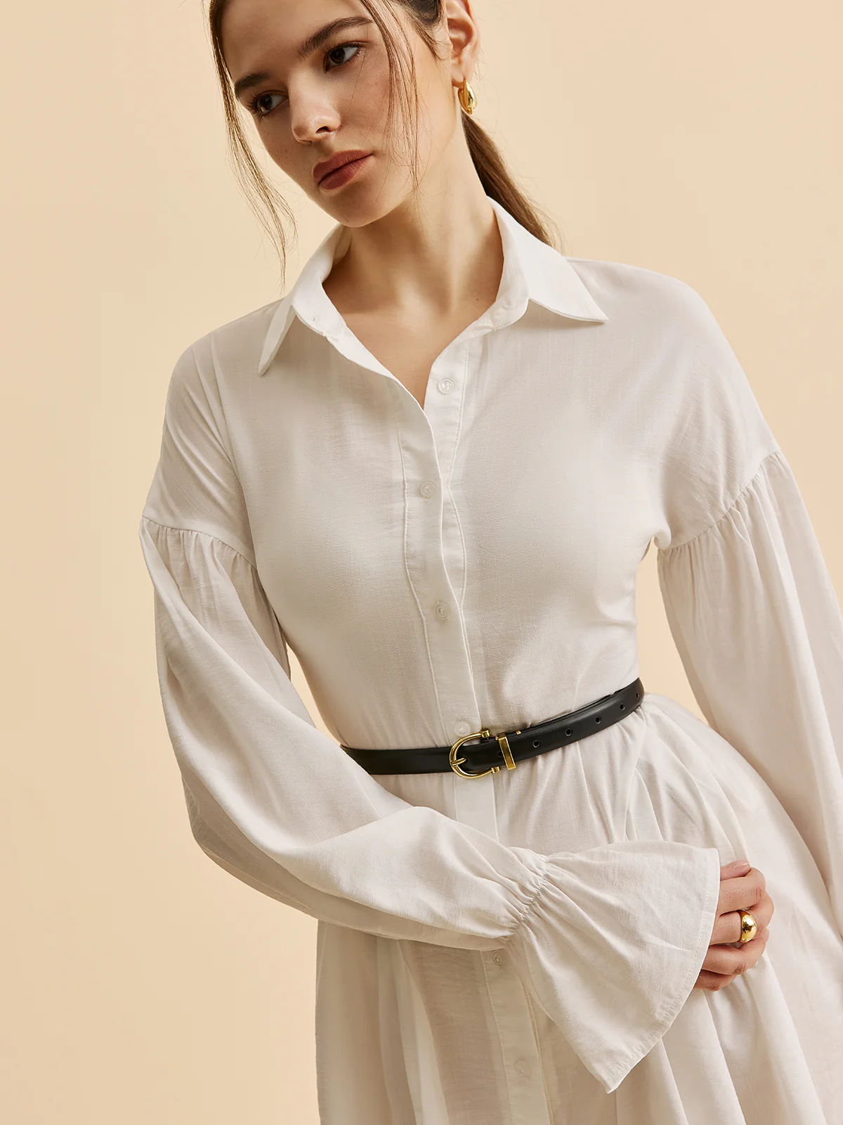 Semi-Sheer Balloon Sleeve Button-Up Shirt Dress - Image 5