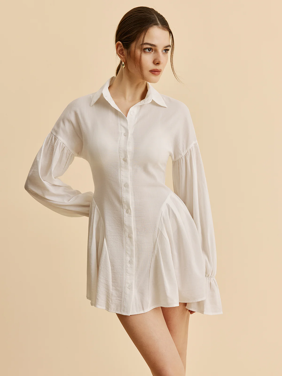 Semi-Sheer Balloon Sleeve Button-Up Shirt Dress - Image 6