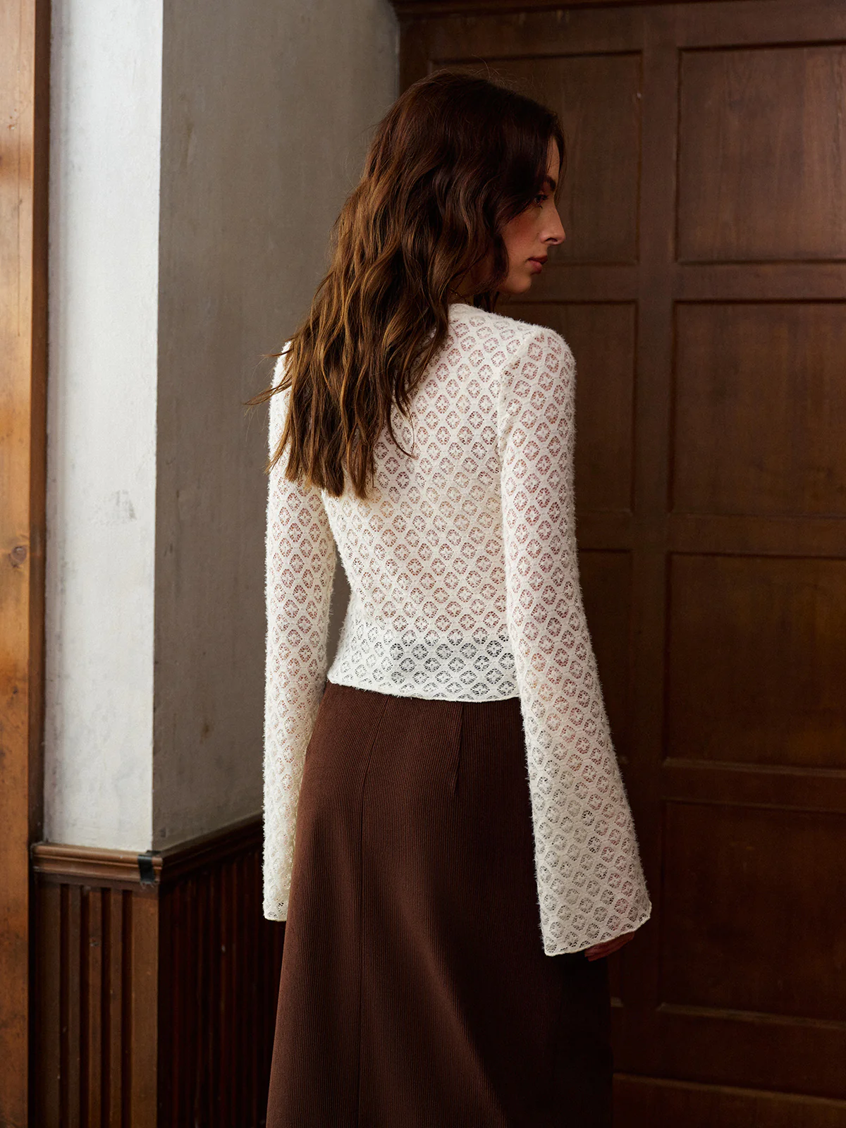 Semi-Sheer Bell Sleeve Button Down Slim Blouse - Image 4