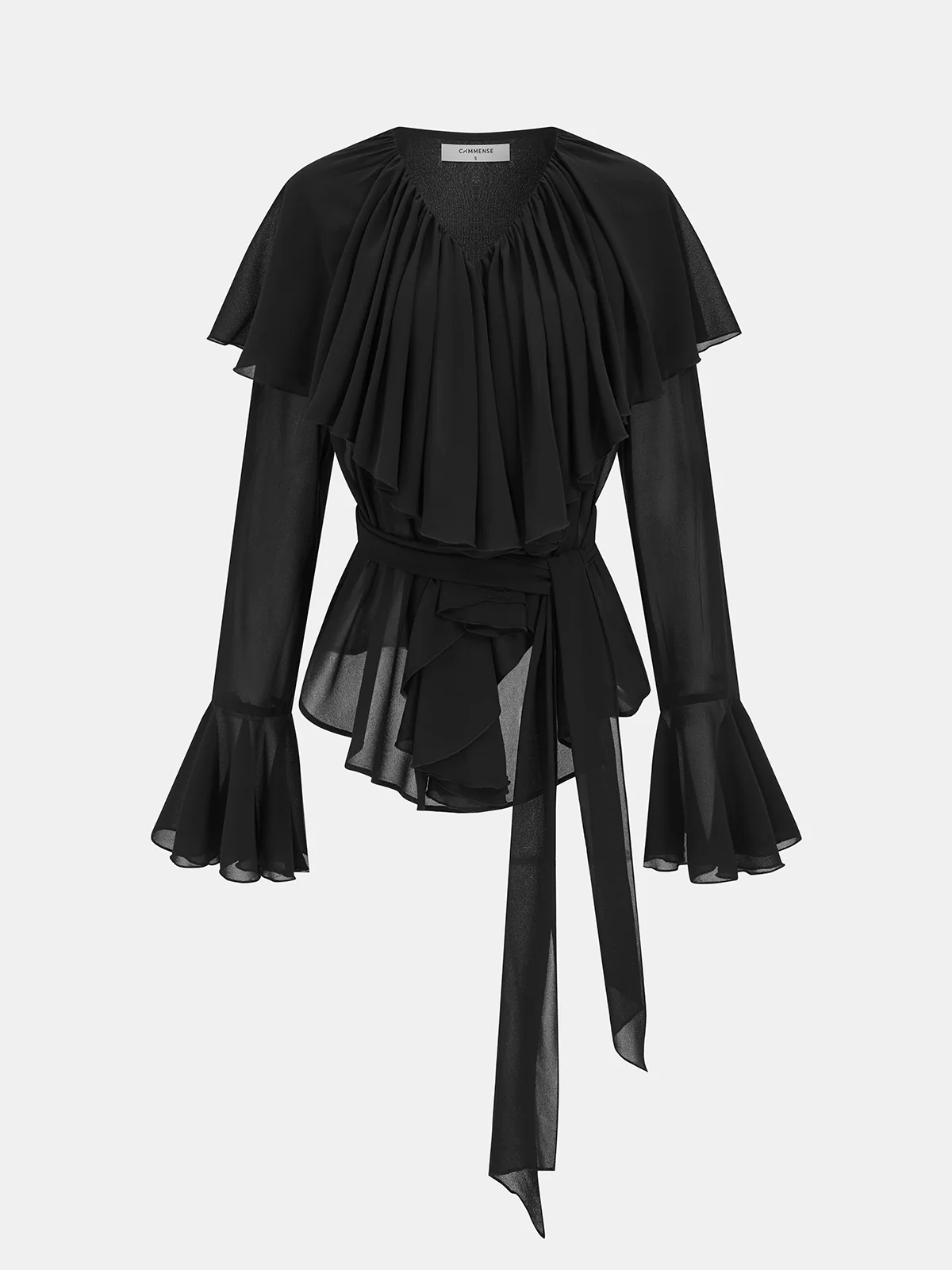 Semi-Sheer Belted Chiffon Ruffled Blouse