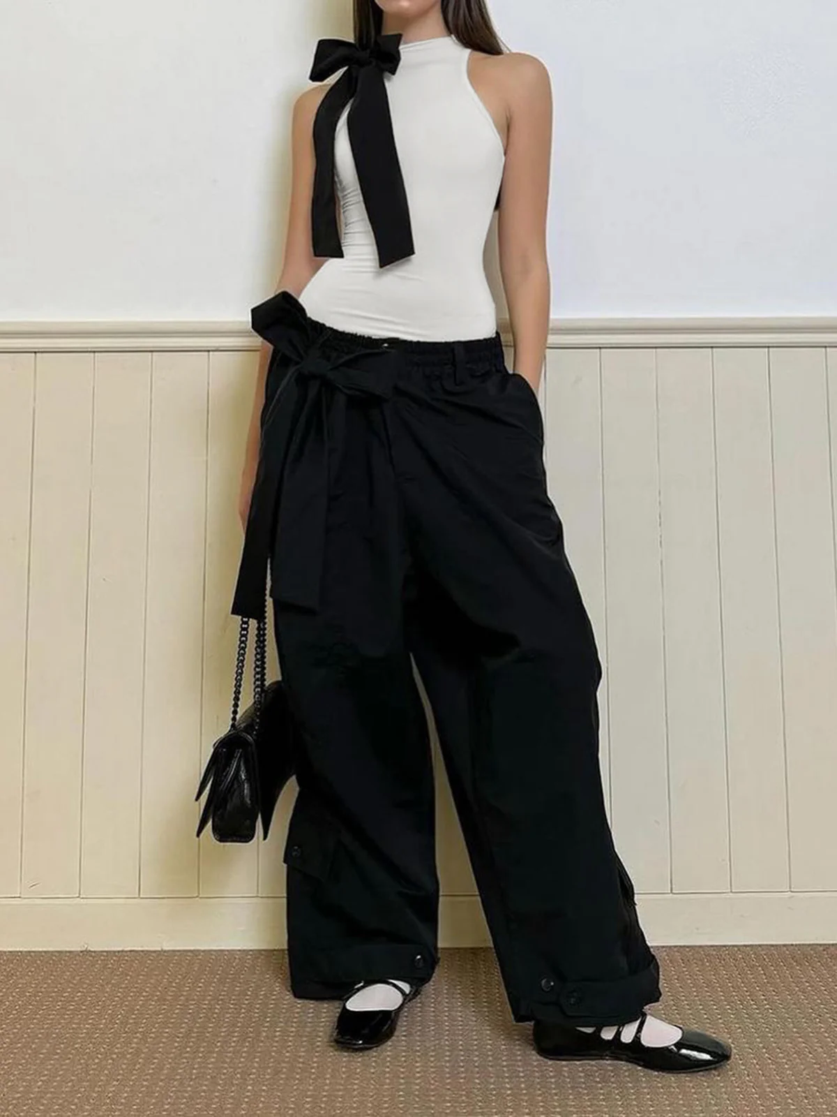 Semi-Sheer Bow Decorated Sleeveless Bodysuit - Image 3