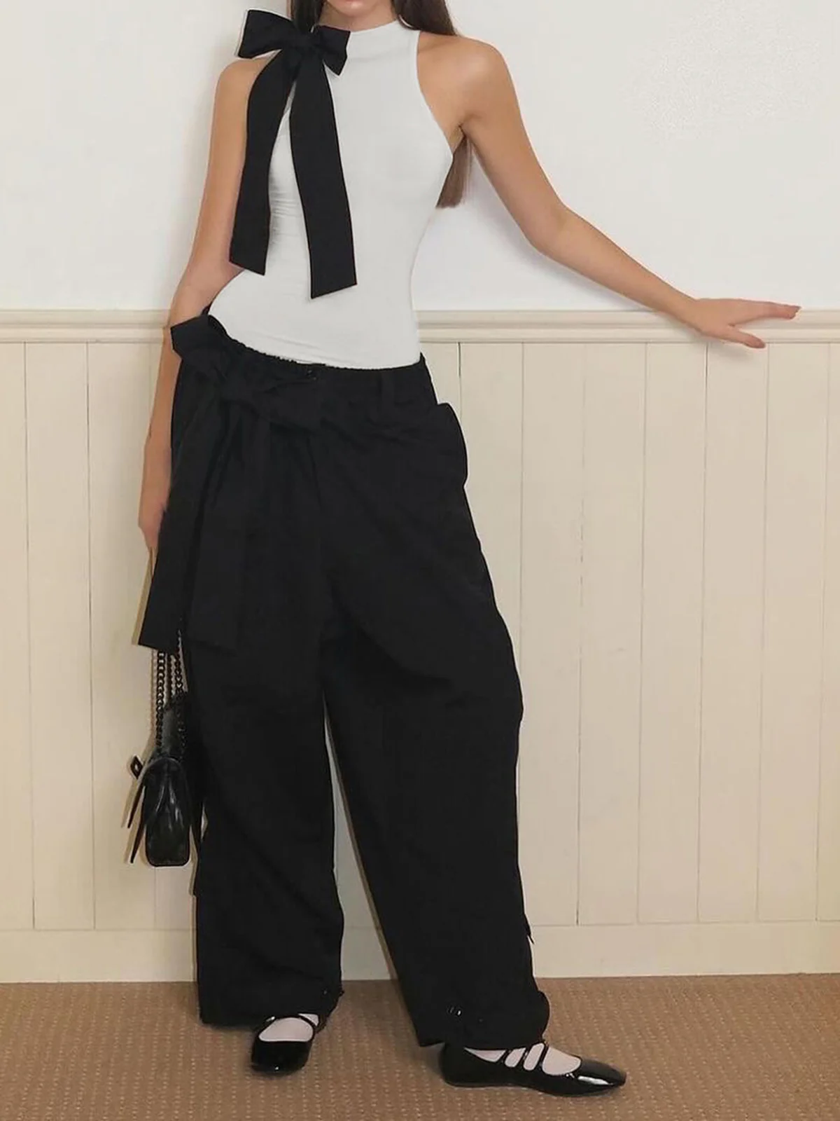 Semi-Sheer Bow Decorated Sleeveless Bodysuit - Image 4