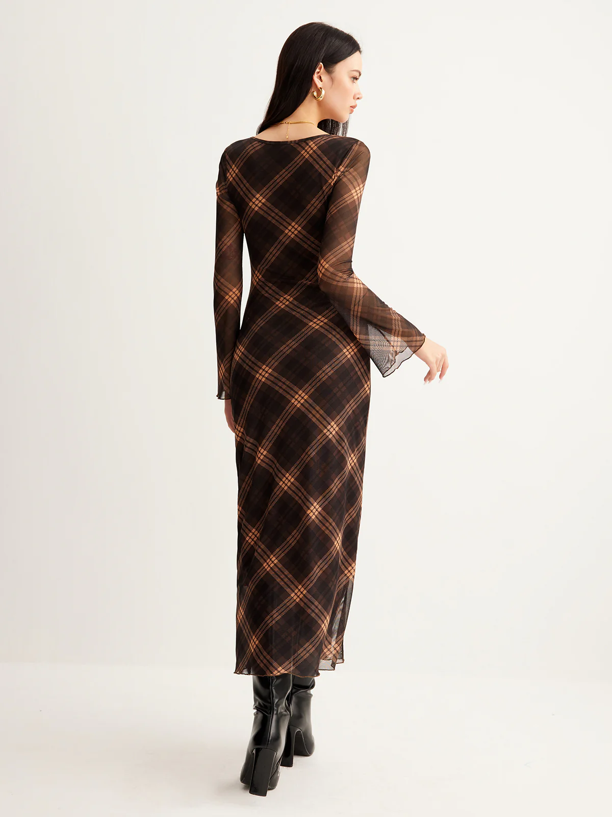 Semi-Sheer Checked Bell-Sleeve Mesh Dress - Image 7