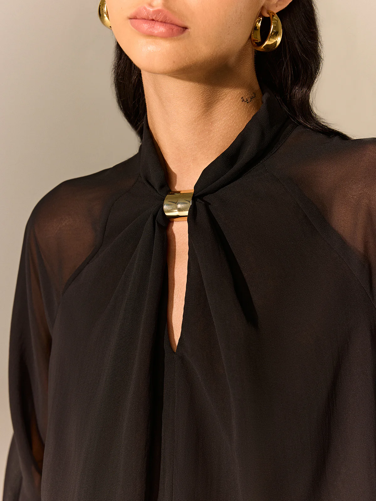 Semi-Sheer Chiffon Blouse with Neckline Metal Detail - Image 4