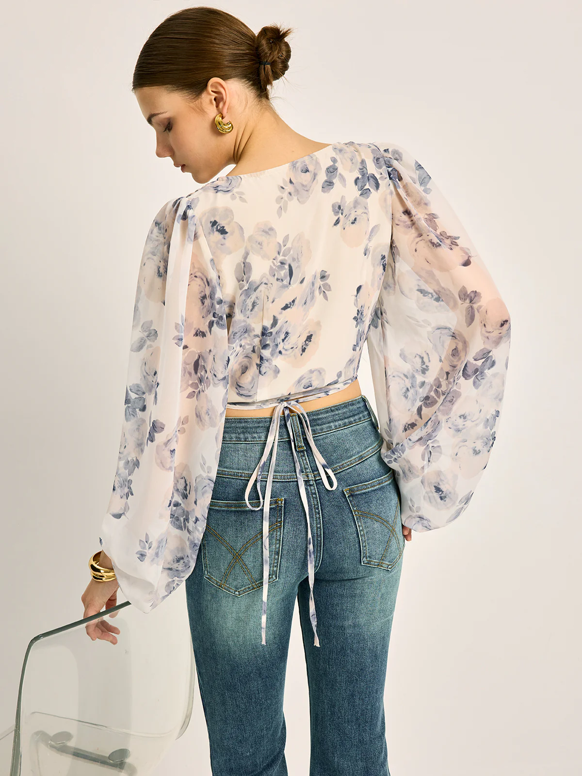 Semi-Sheer Chiffon Floral V-Neck Balloon Sleeve Blouse - Image 2
