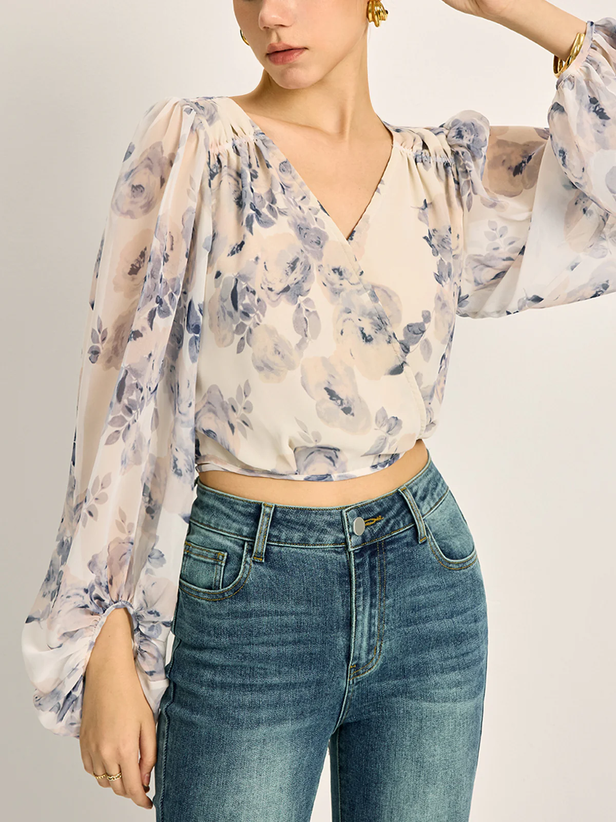 Semi-Sheer Chiffon Floral V-Neck Balloon Sleeve Blouse - Image 5