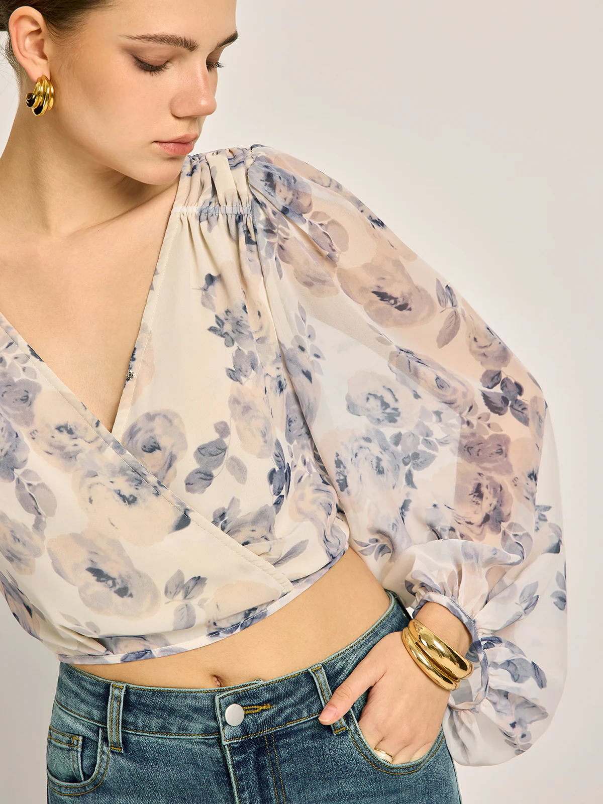 Semi-Sheer Chiffon Floral V-Neck Balloon Sleeve Blouse - Image 6