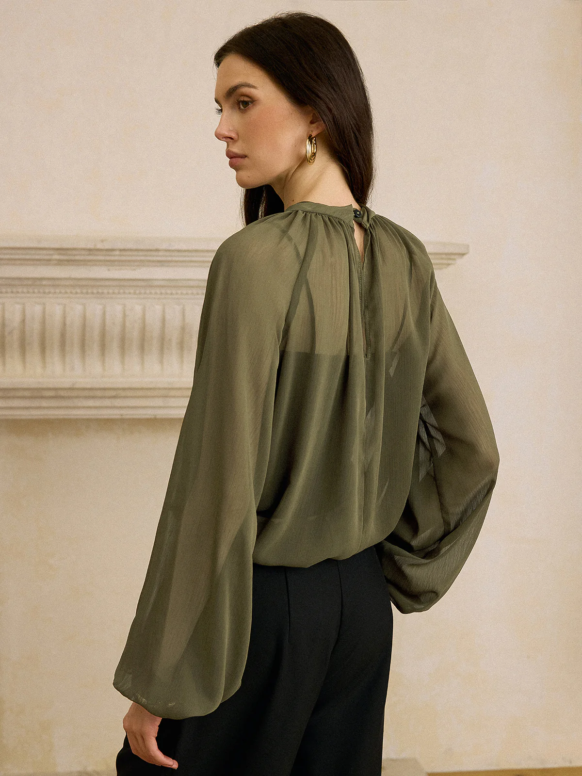 Semi-Sheer Chiffon Lace Trim Blouse - Image 2