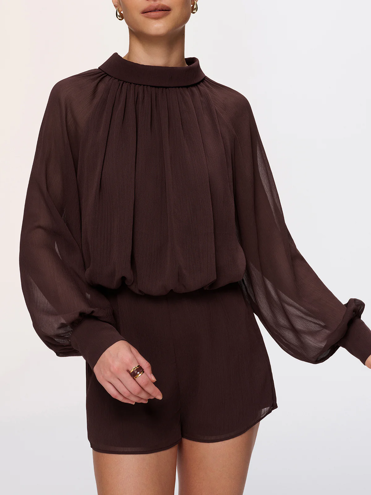 Semi-Sheer Chiffon Lantern Sleeve Romper - Image 5