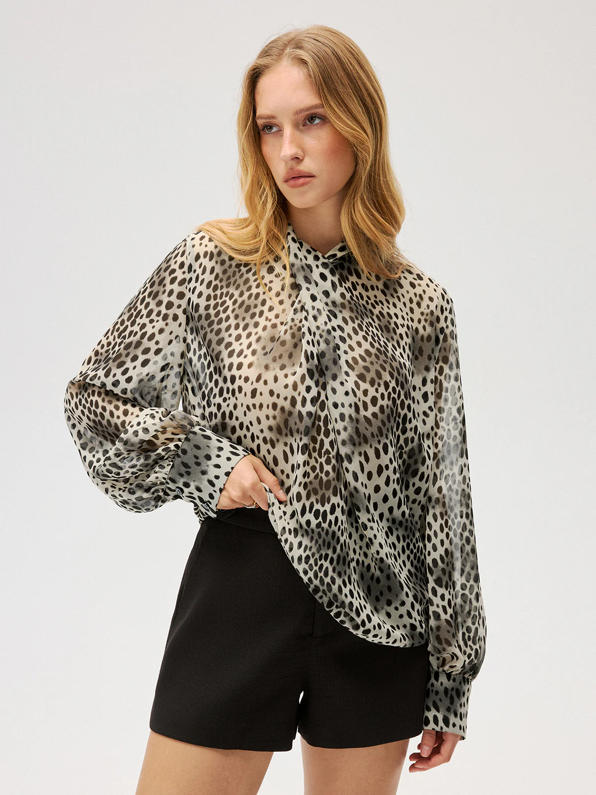 Semi-Sheer Chiffon Leopard Print Tie Neck Shirt - Image 5